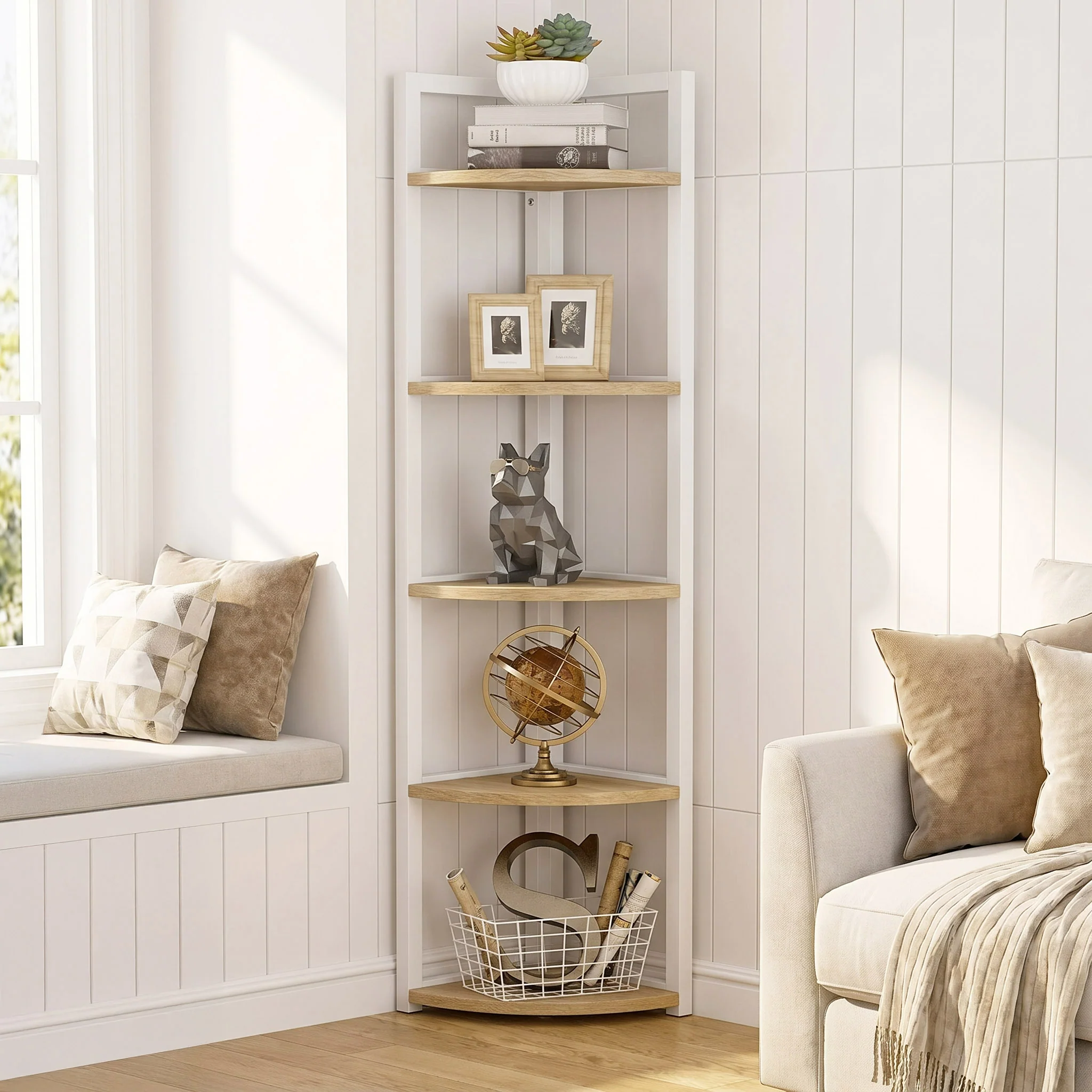 Optima 5 Tier Wood & Steel Corner Shelf Organizer Unit (Rustic Oak & White) - Image 19