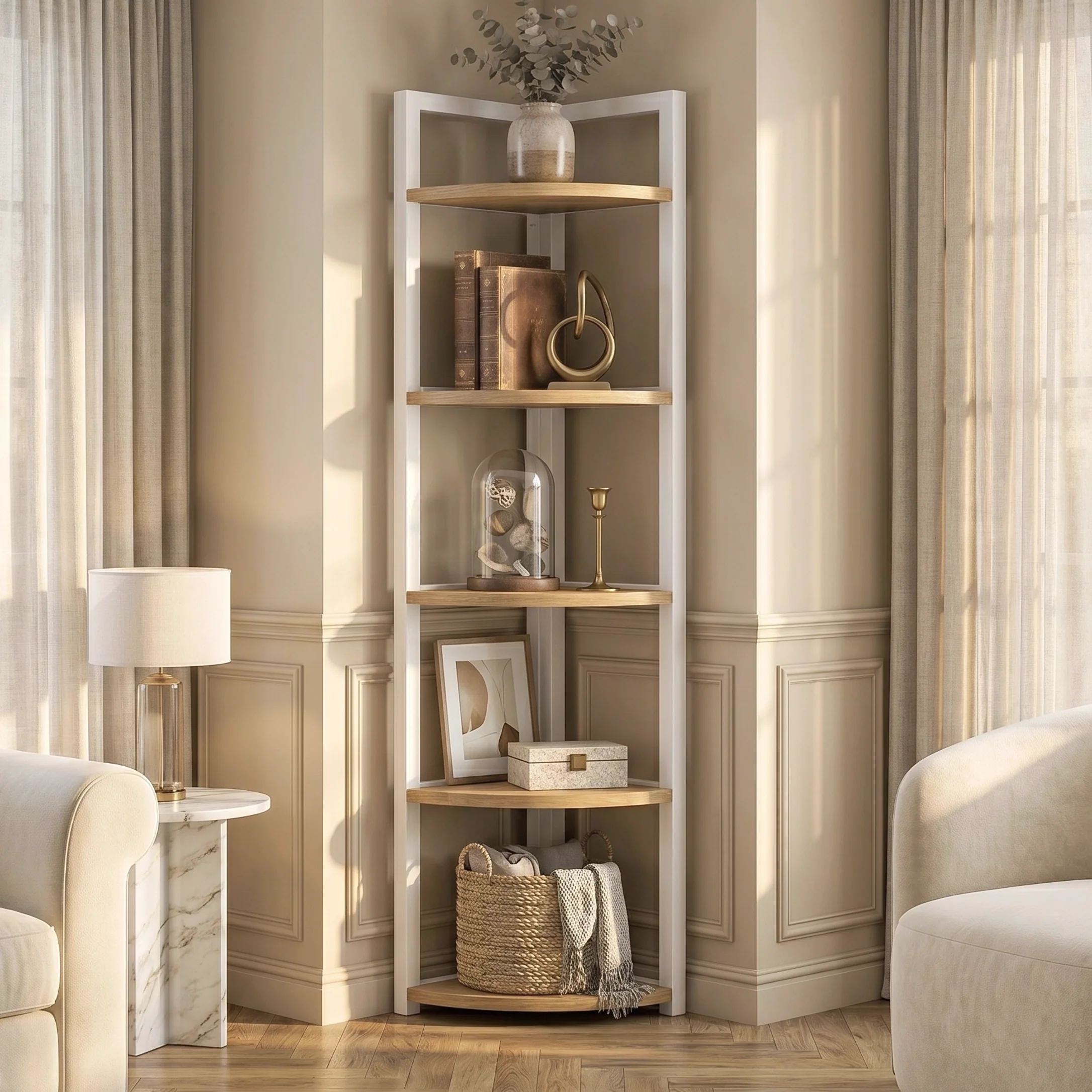 Optima 5 Tier Wood & Steel Corner Shelf Organizer Unit (Rustic Oak & White) - Image 21
