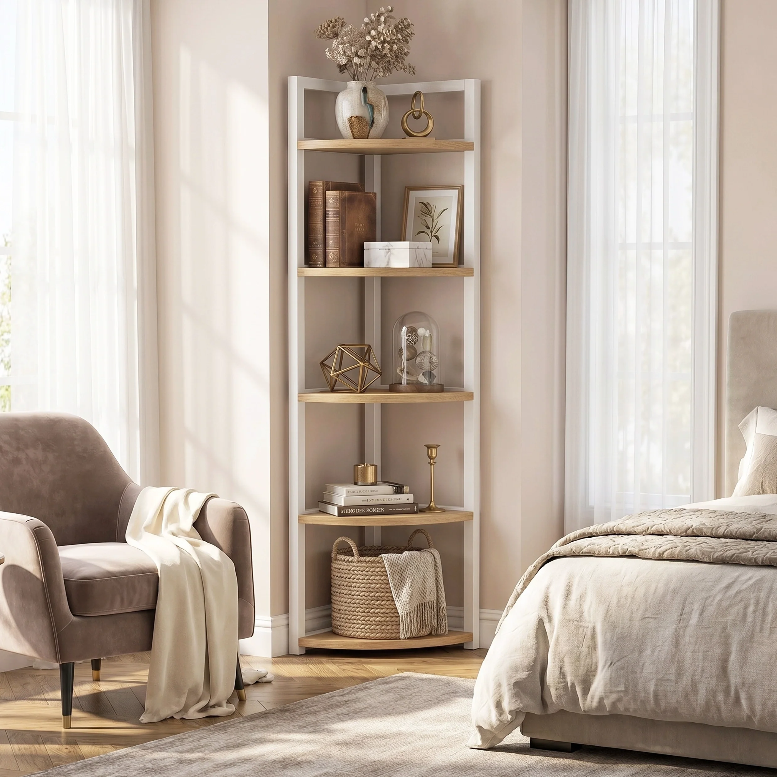 Optima 5 Tier Wood & Steel Corner Shelf Organizer Unit (Rustic Oak & White) - Image 23