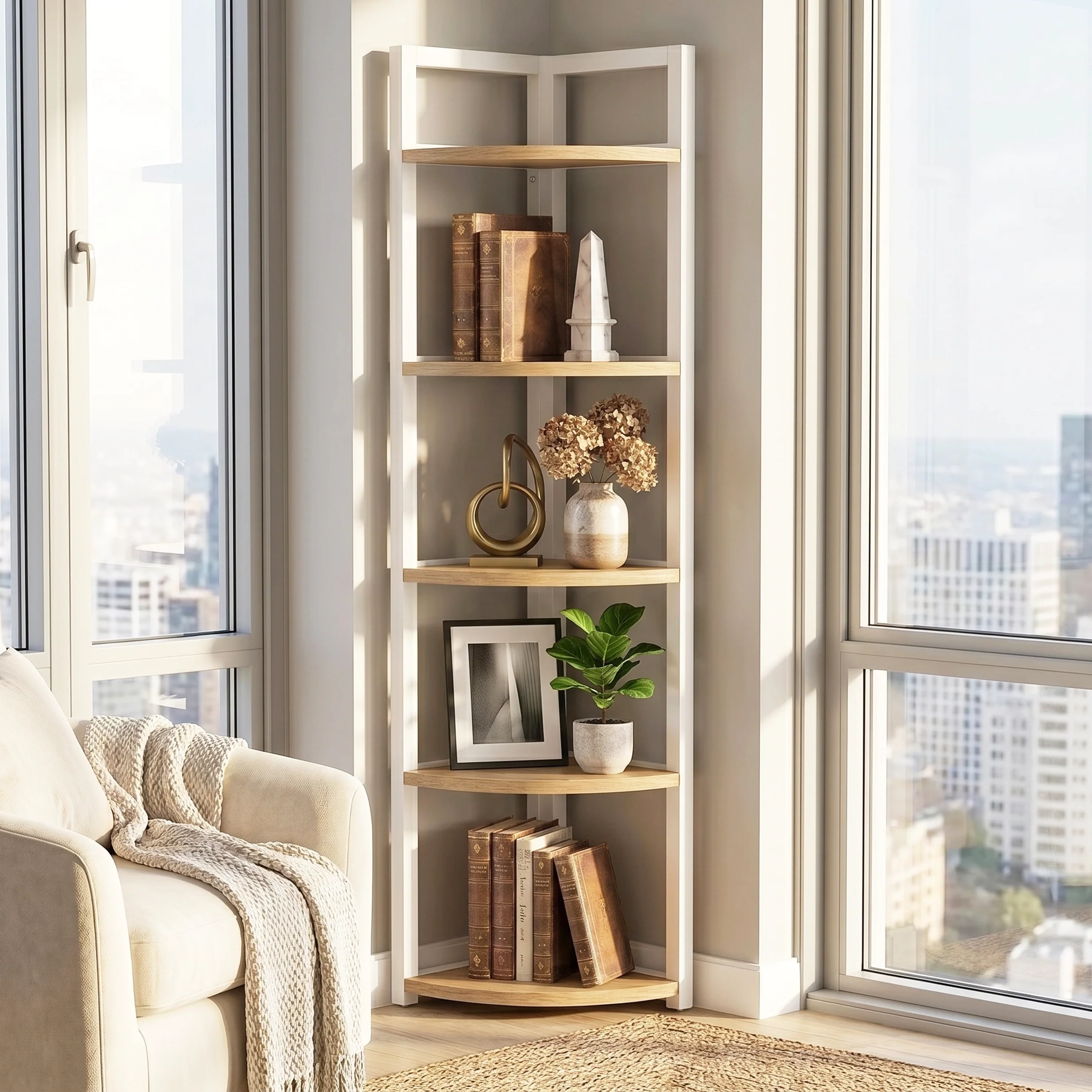 Optima 5 Tier Wood & Steel Corner Shelf Organizer Unit (Rustic Oak & White) - Image 9