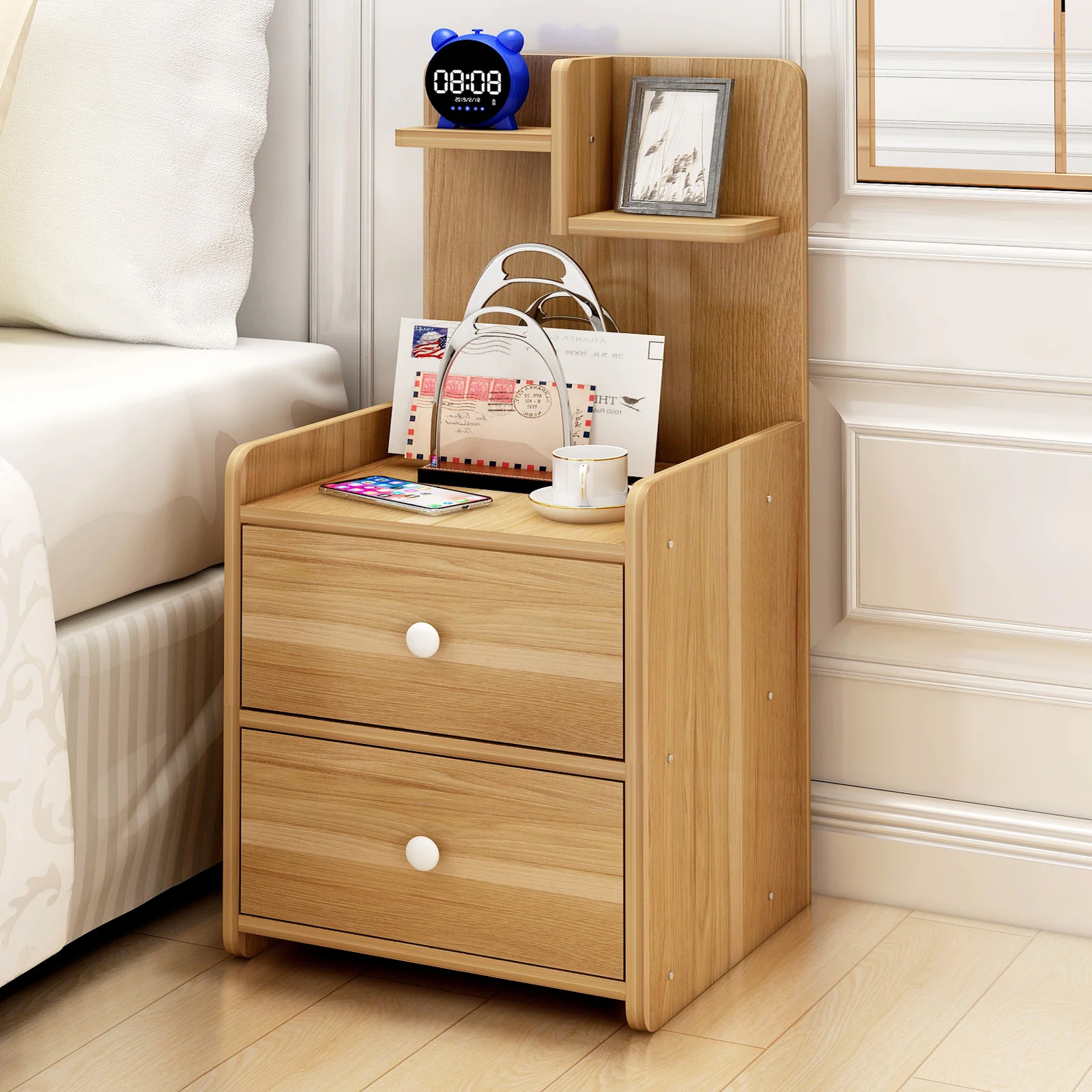 Parklane Tall Bedside Table with Chest of Drawers and Shelf (Oak) - Image 10