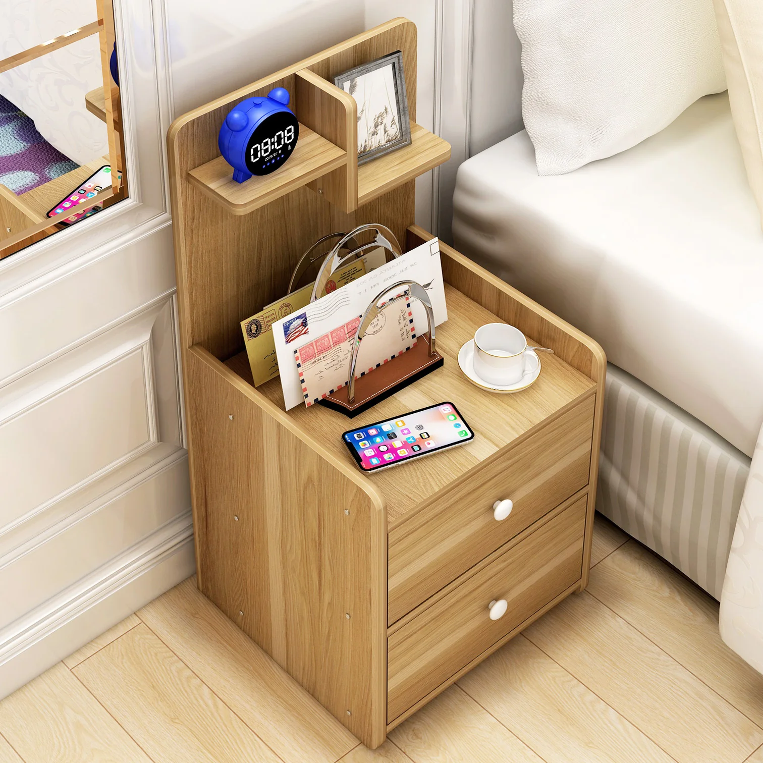 Parklane Tall Bedside Table with Chest of Drawers and Shelf (Oak) - Image 2