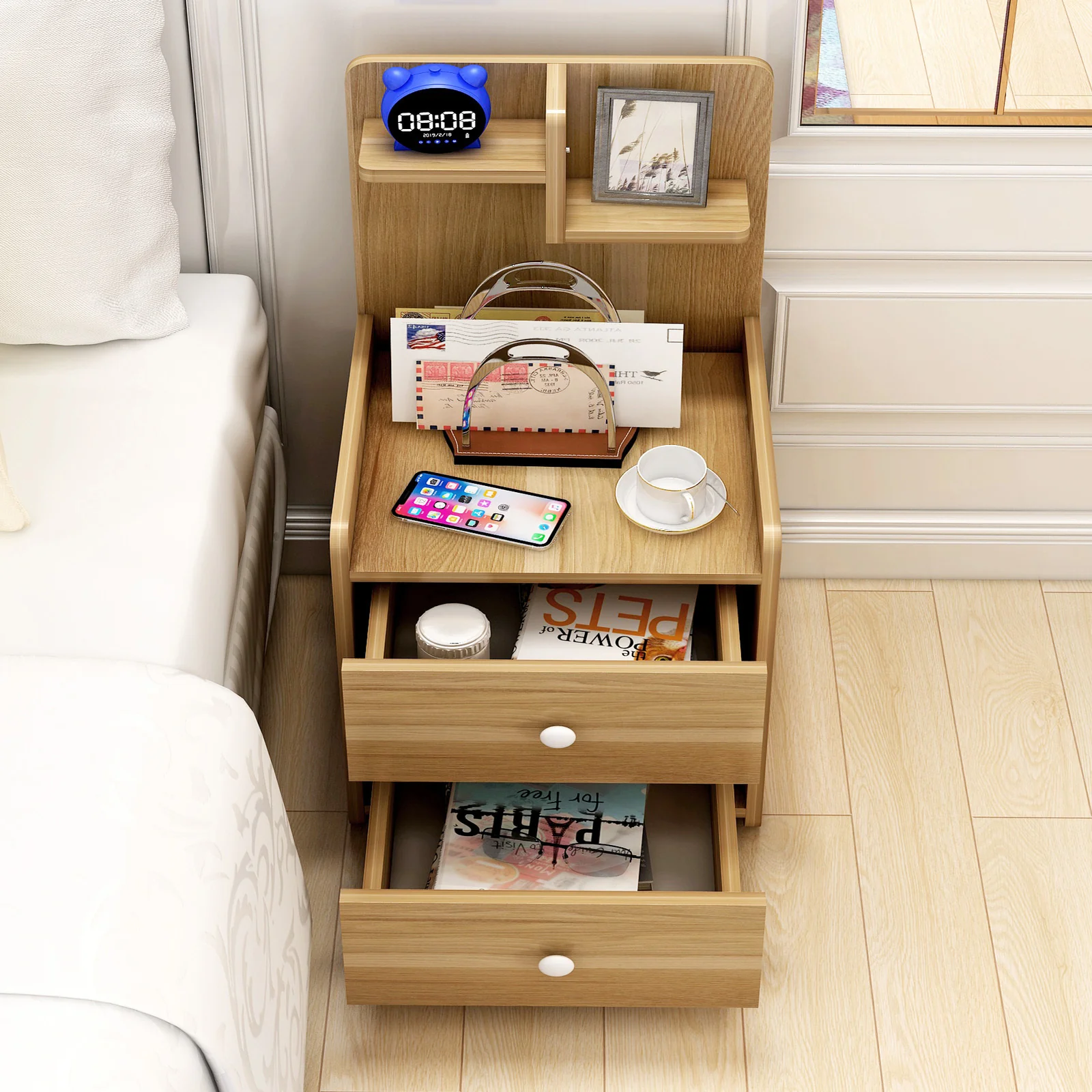 Parklane Tall Bedside Table with Chest of Drawers and Shelf (Oak) - Image 3