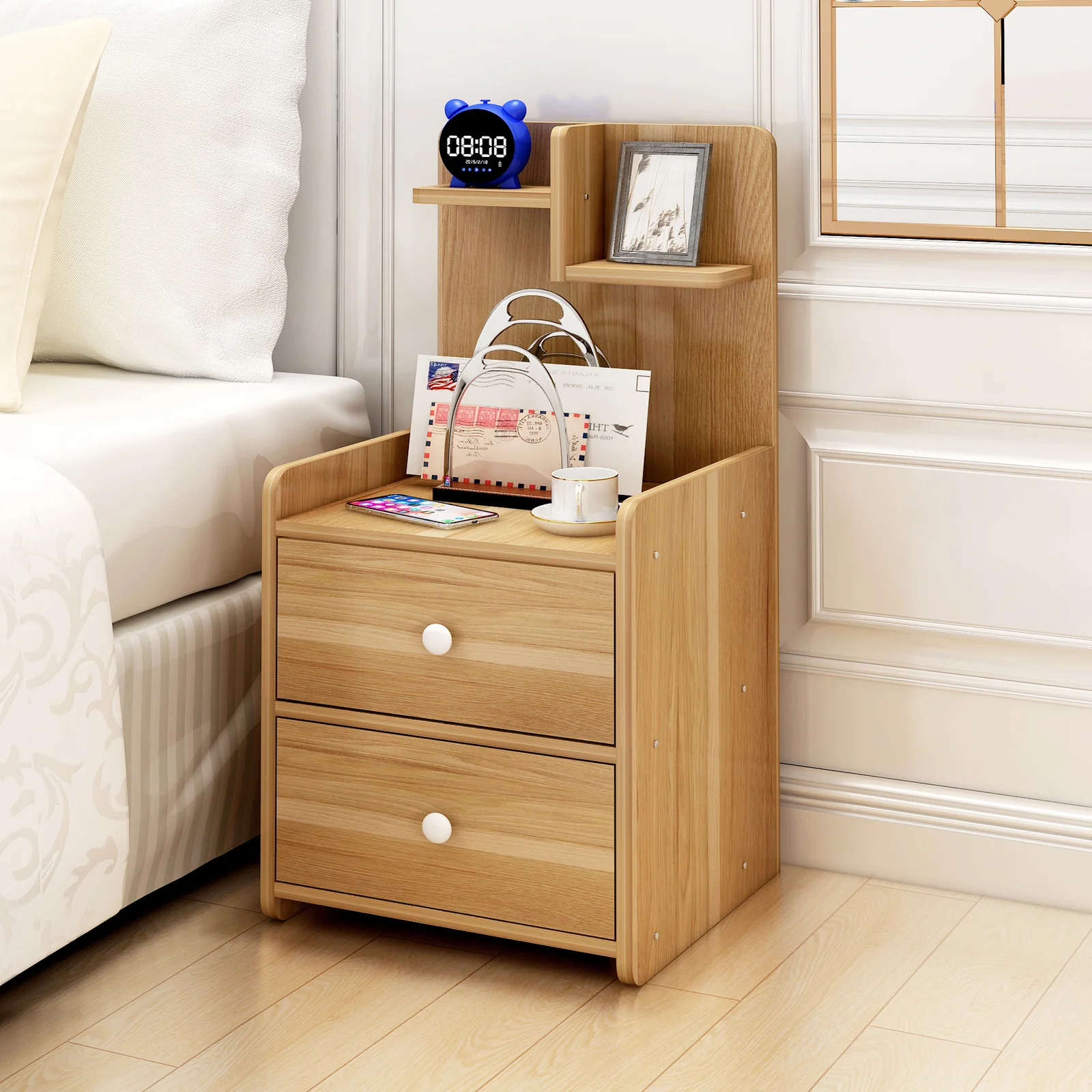 Parklane Tall Bedside Table with Chest of Drawers and Shelf (Oak) - Image 4