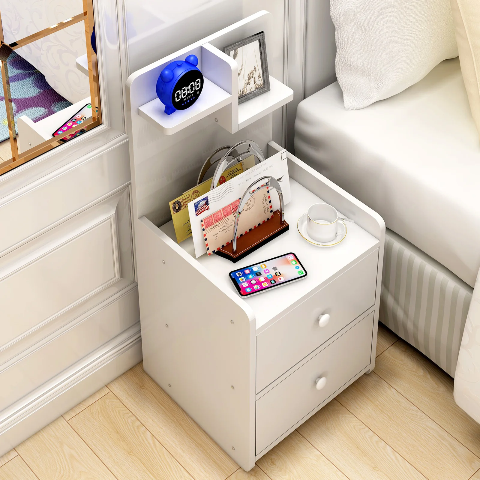 Parklane Tall Bedside Table with Chest of Drawers and Shelf (White) - Image 3