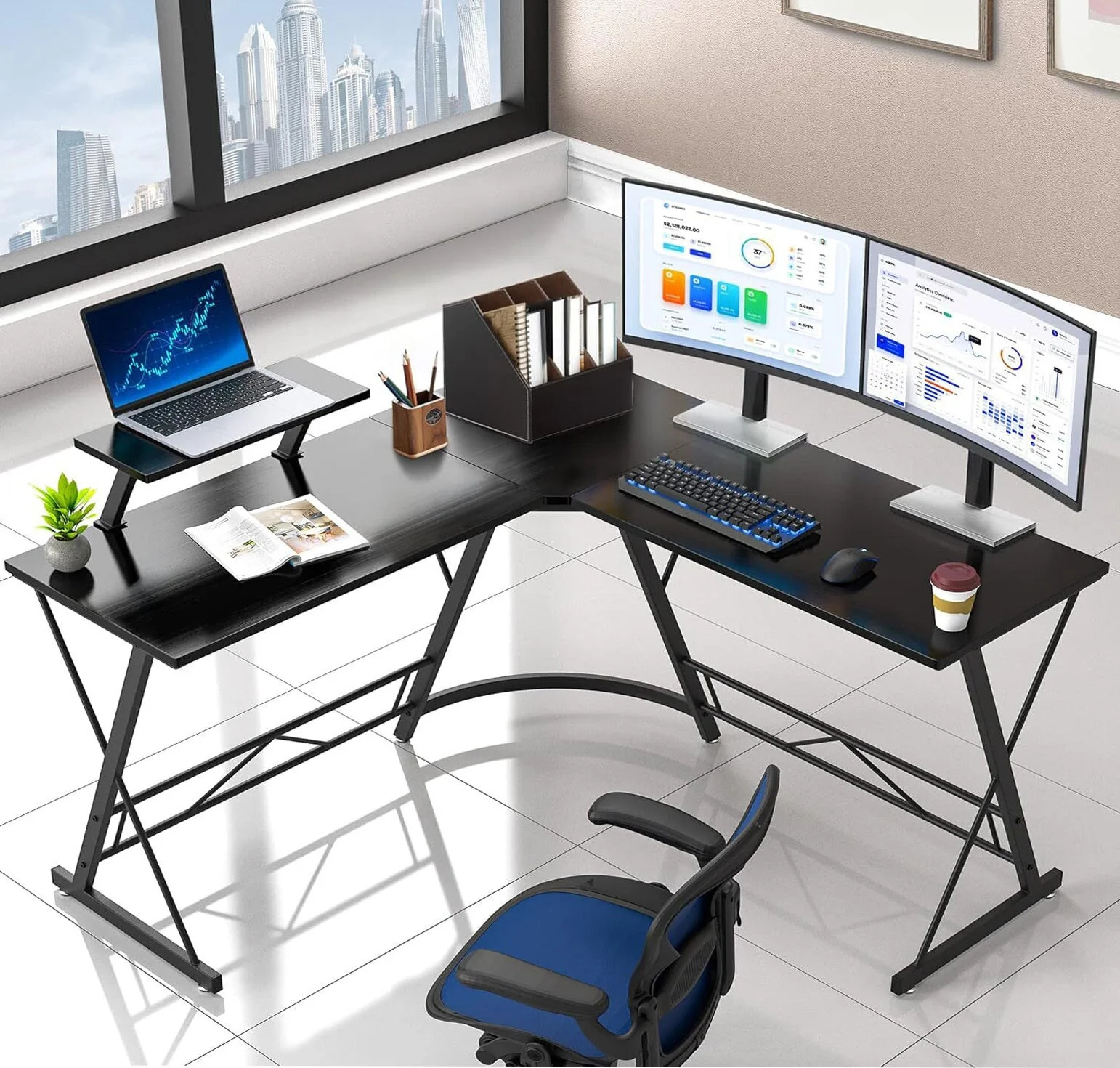 Premium Executive Corner Desk Professional Double Workstation (Black) - Image 3