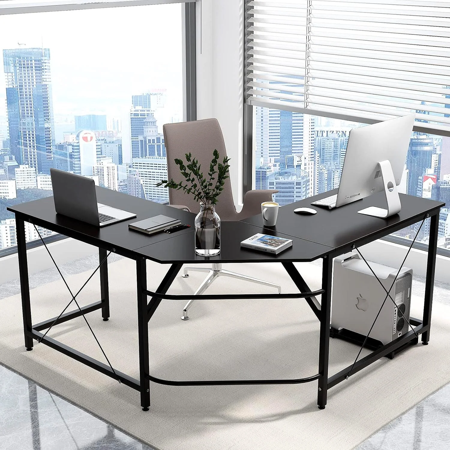 Prestige Corner Computer Desk Office Double Workstation (Black) - Image 2