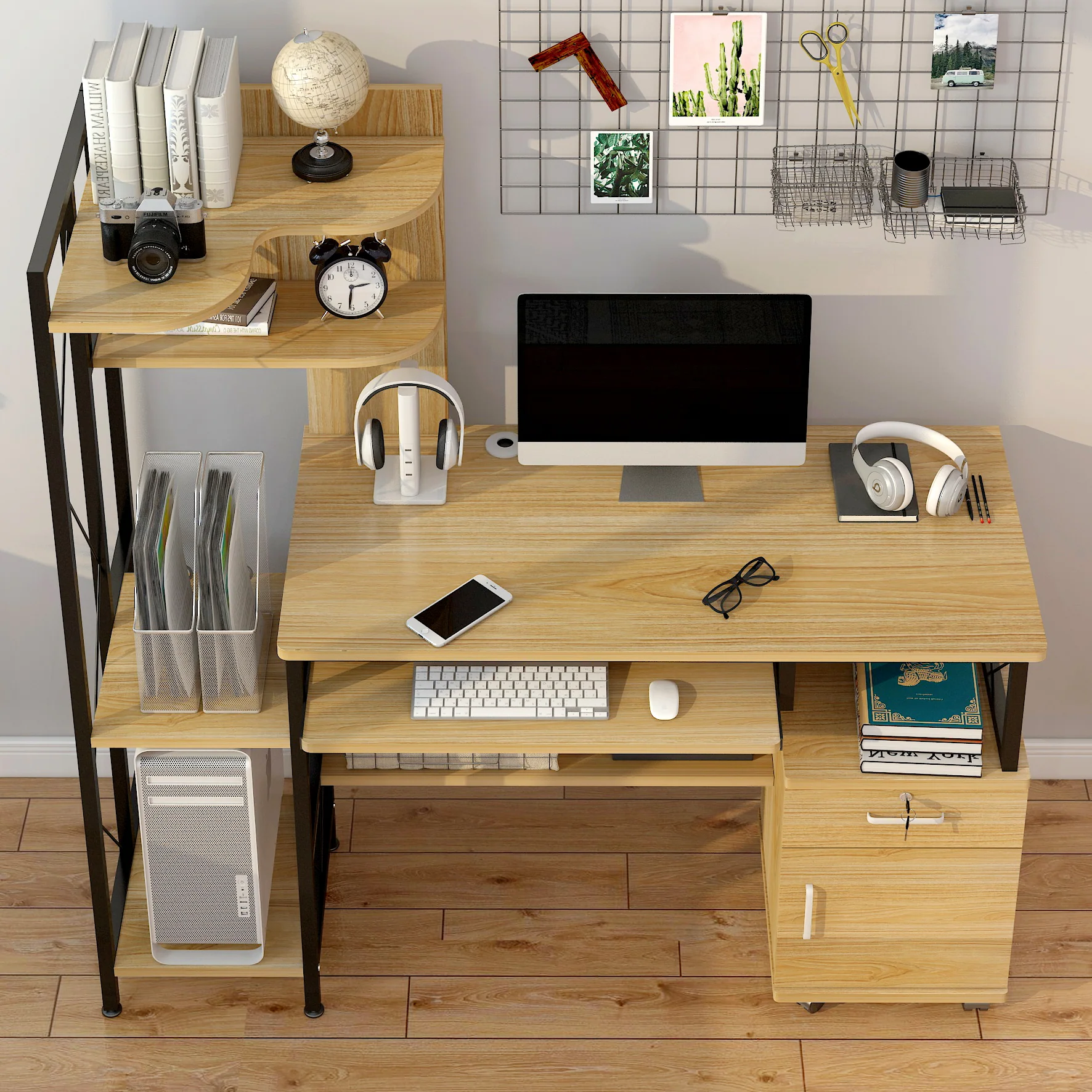 Prime Multi-function Computer Desk Workstation with Shelves & Cabinet (Oak) - Image 10