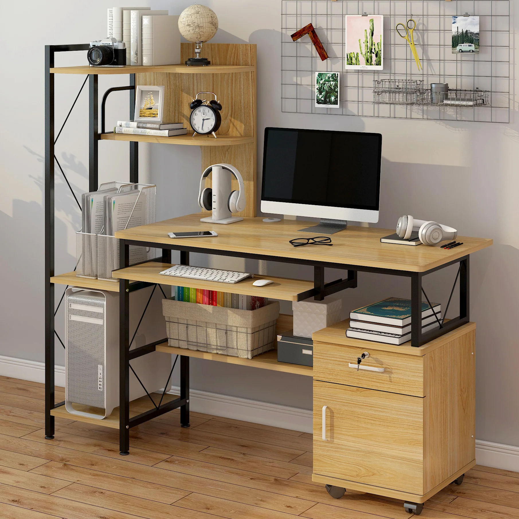 Prime Multi-function Computer Desk Workstation with Shelves & Cabinet (Oak) - Image 2