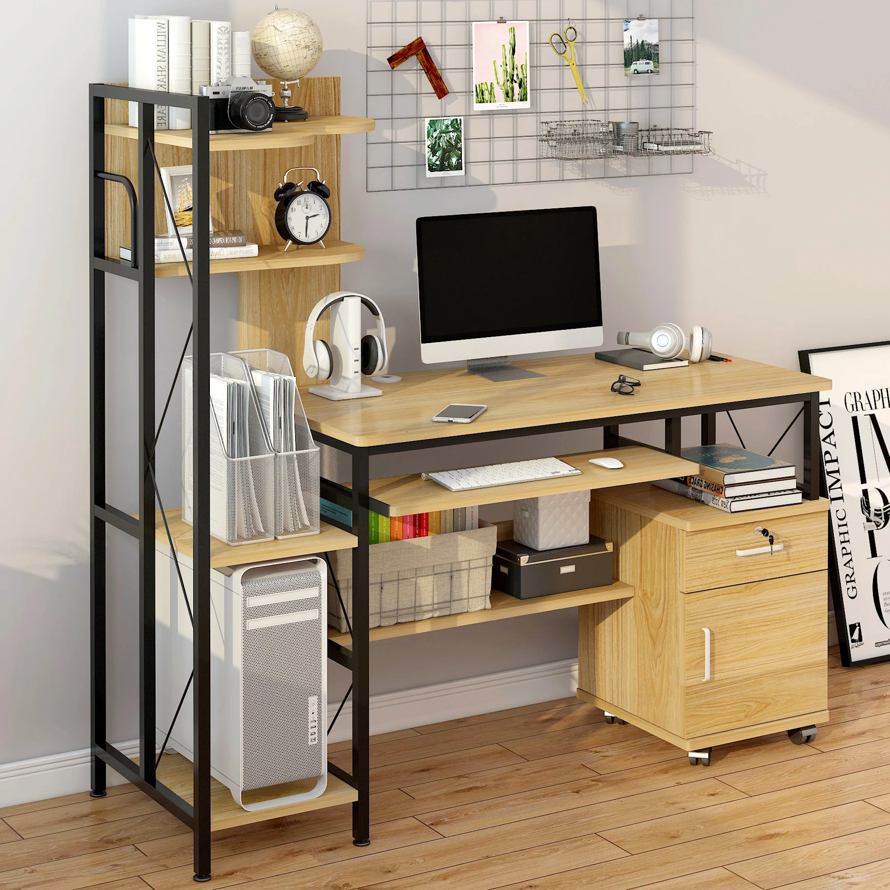 Prime Multi-function Computer Desk Workstation with Shelves & Cabinet (Oak) - Image 3