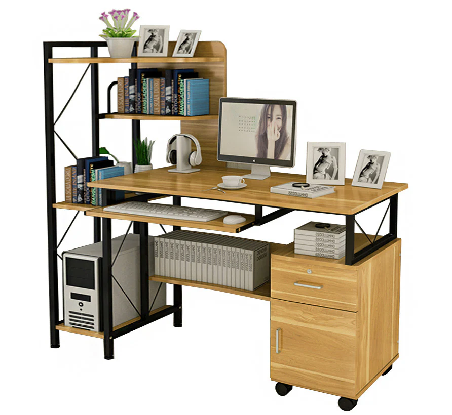 Prime Multi-function Computer Desk Workstation with Shelves & Cabinet (Oak) - Image 4