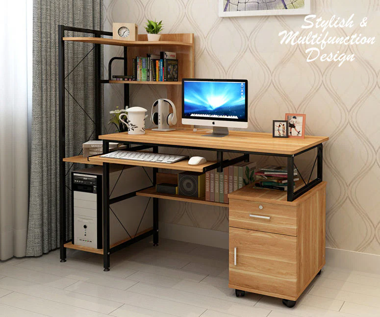 Prime Multi-function Computer Desk Workstation with Shelves & Cabinet (Oak) - Image 5