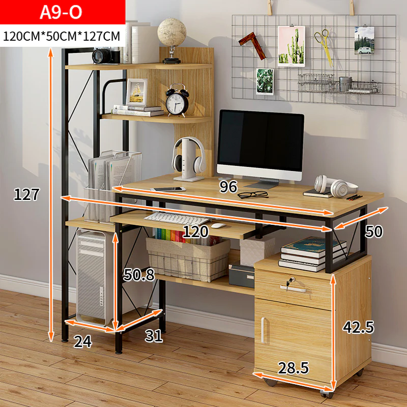 Prime Multi-function Computer Desk Workstation with Shelves & Cabinet (Oak) - Image 8