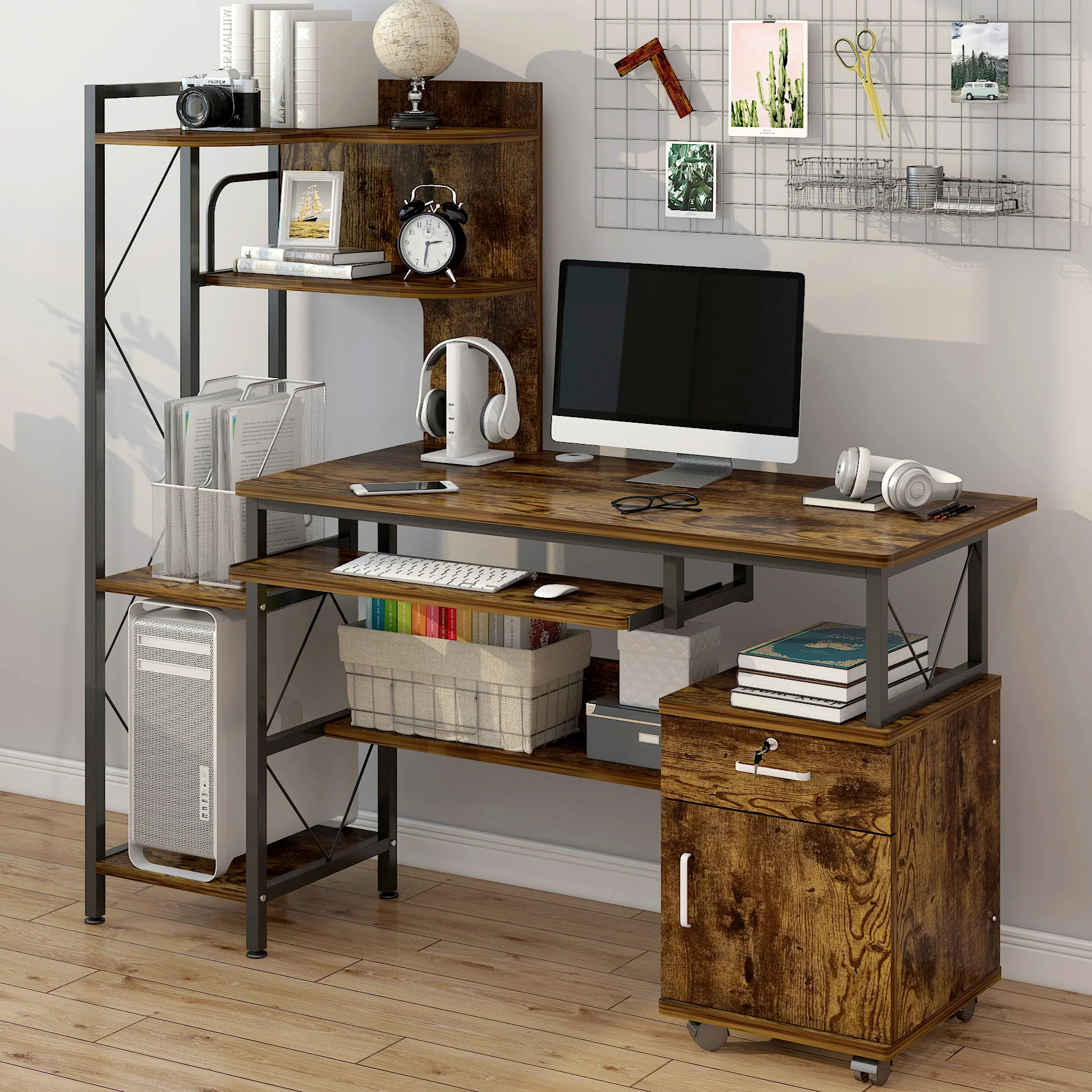 Prime Multi-function Computer Desk Workstation with Shelves & Cabinet (Rustic Wood) - Image 10