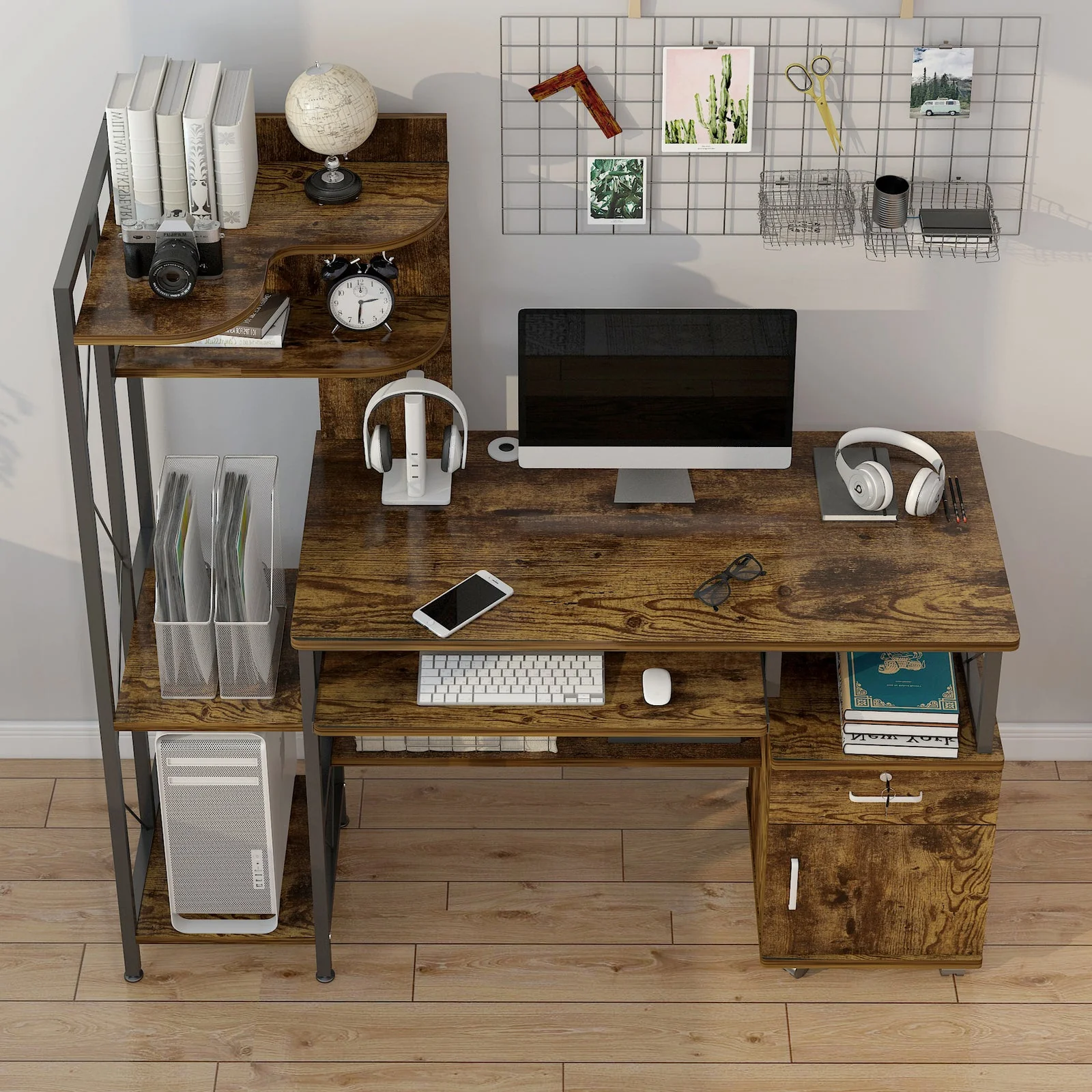 Prime Multi-function Computer Desk Workstation with Shelves & Cabinet (Rustic Wood) - Image 3