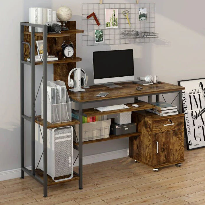 Prime Multi-function Computer Desk Workstation with Shelves & Cabinet (Rustic Wood) - Image 4