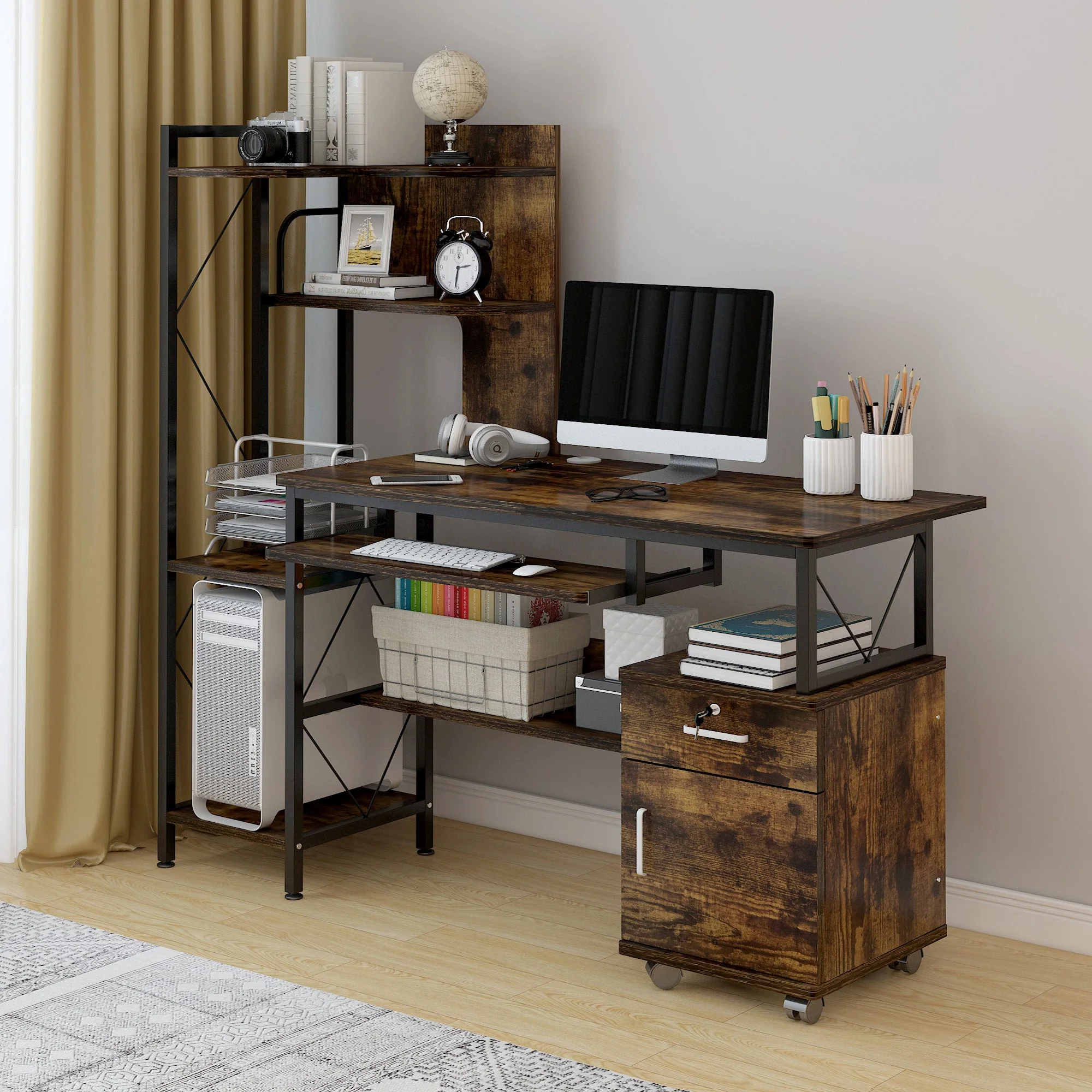 Prime Multi-function Computer Desk Workstation with Shelves & Cabinet (Rustic Wood) - Image 5