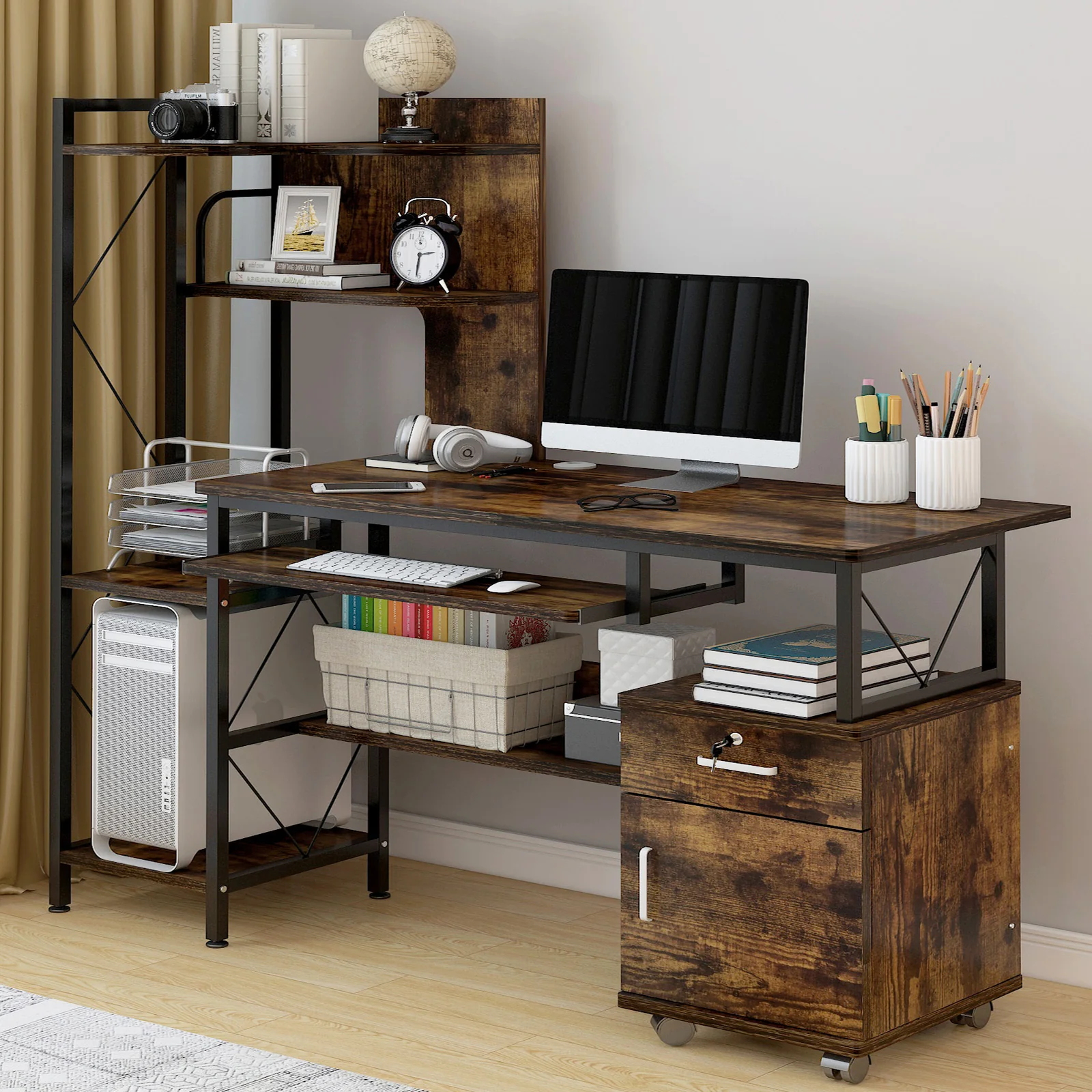 Prime Multi-function Computer Desk Workstation with Shelves & Cabinet (Rustic Wood) - Image 9