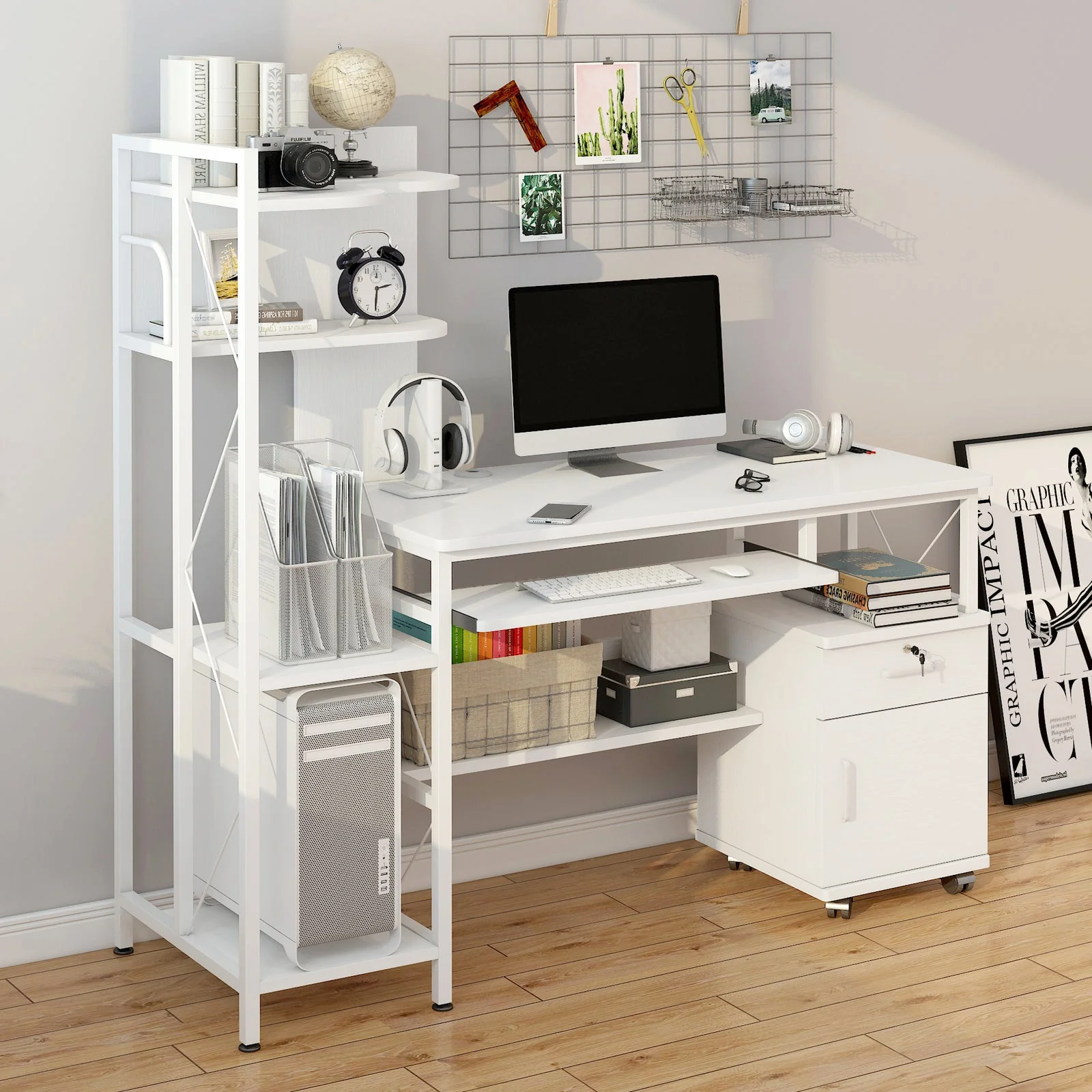 Prime Multi-function Computer Desk Workstation with Shelves & Cabinet (White) - Image 3