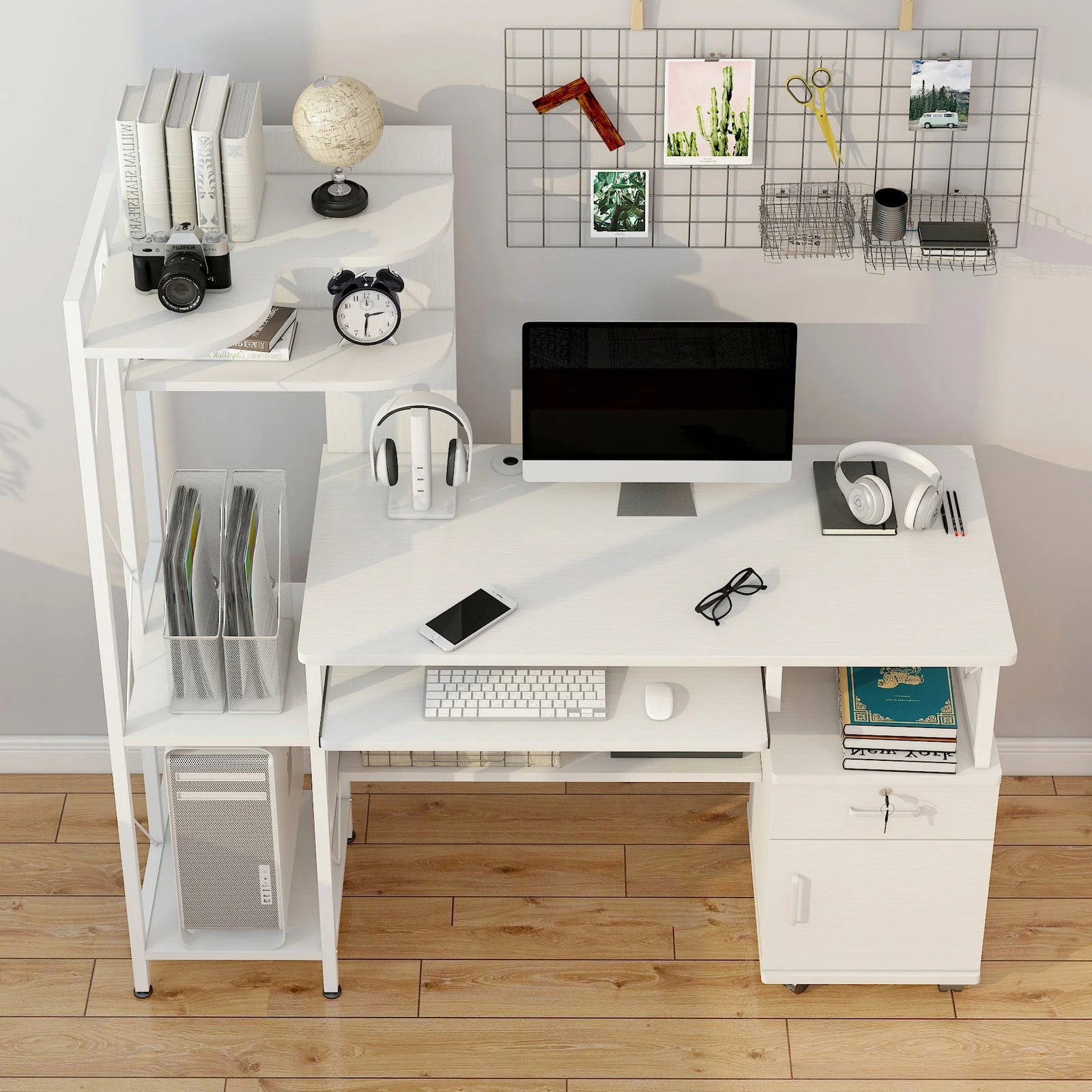 Prime Multi-function Computer Desk Workstation with Shelves & Cabinet (White) - Image 4