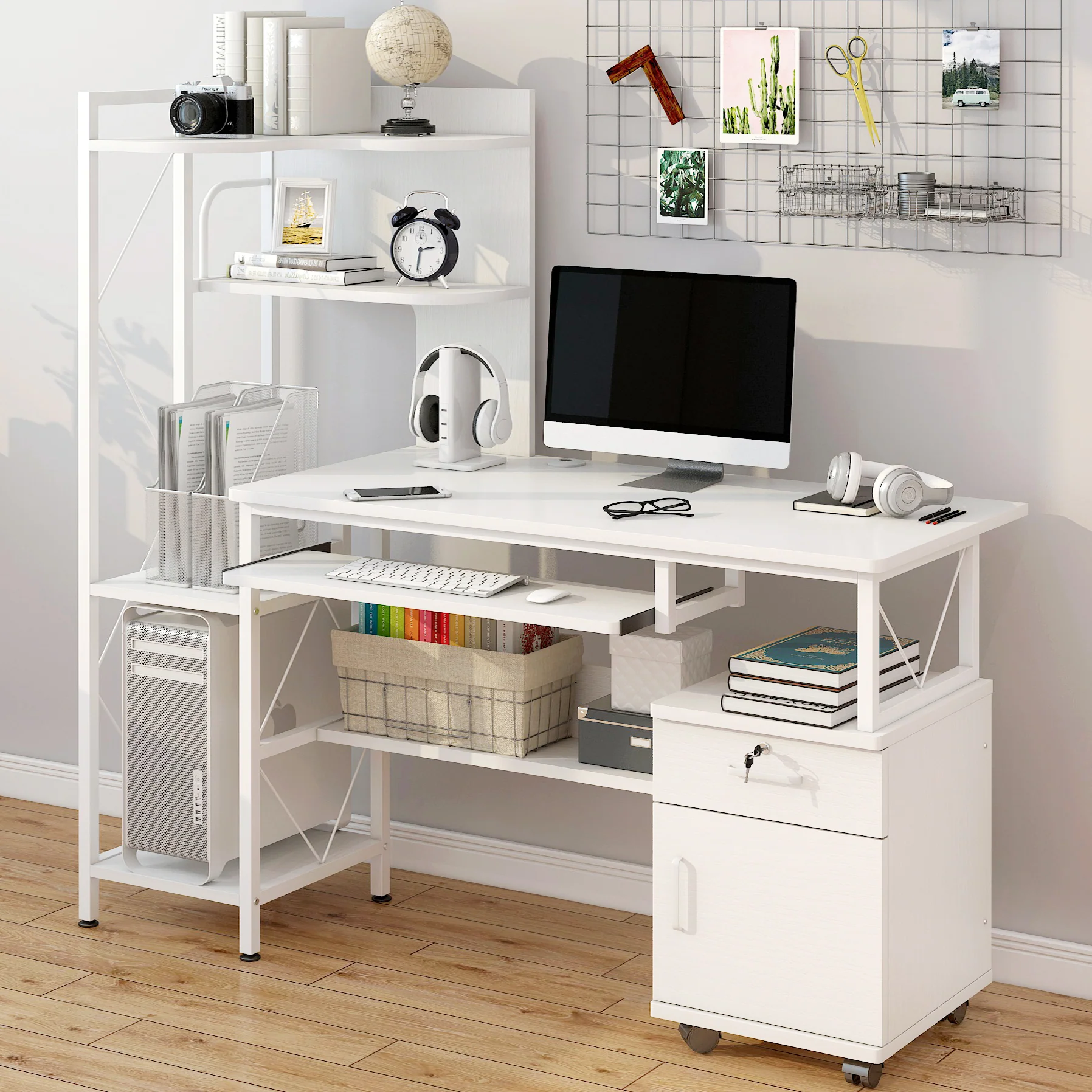 Prime Multi-function Computer Desk Workstation with Shelves & Cabinet (White) - Image 8