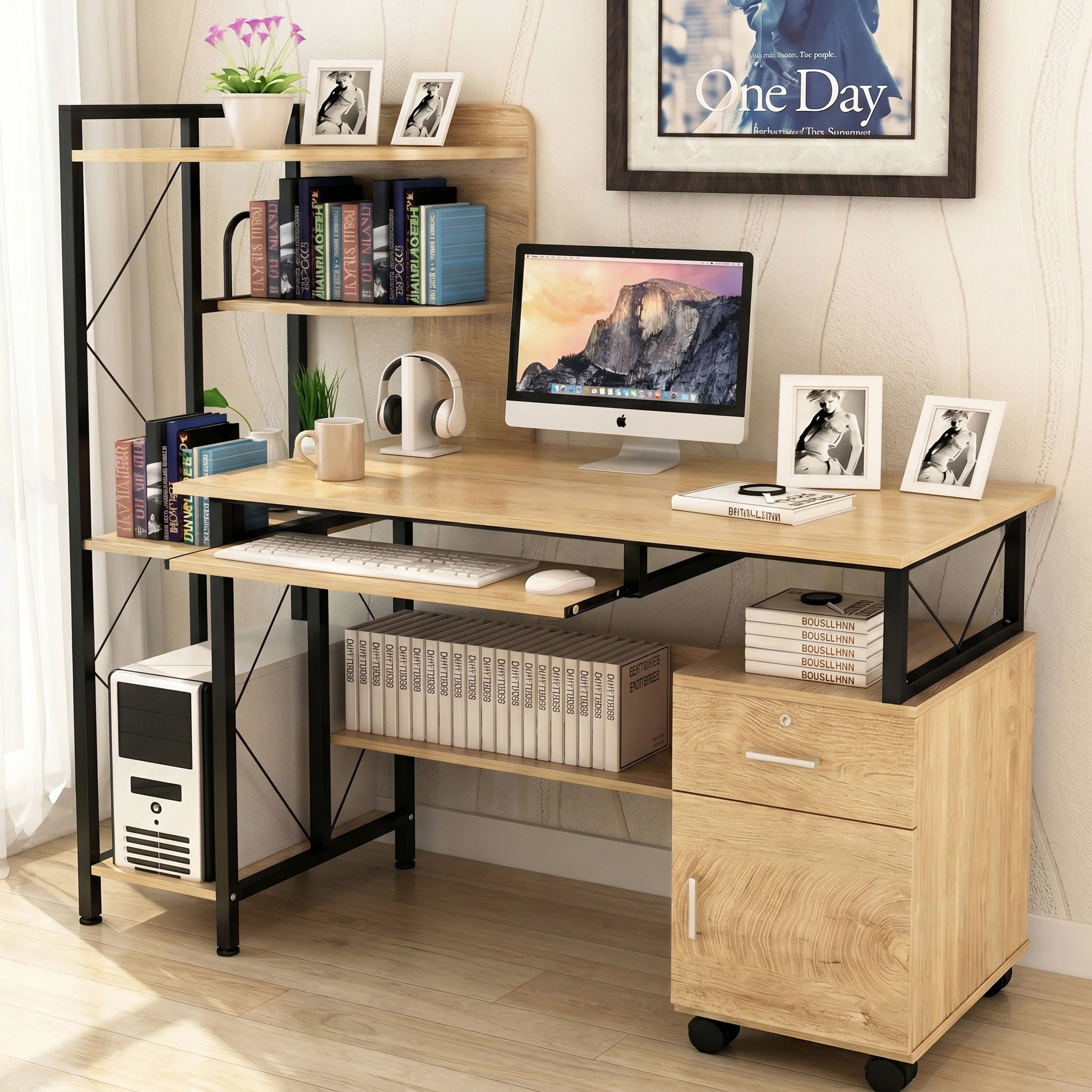 Prime Multi-function Computer Desk Workstation with Shelves & Cabinet (Coastal Oak) - Image 3