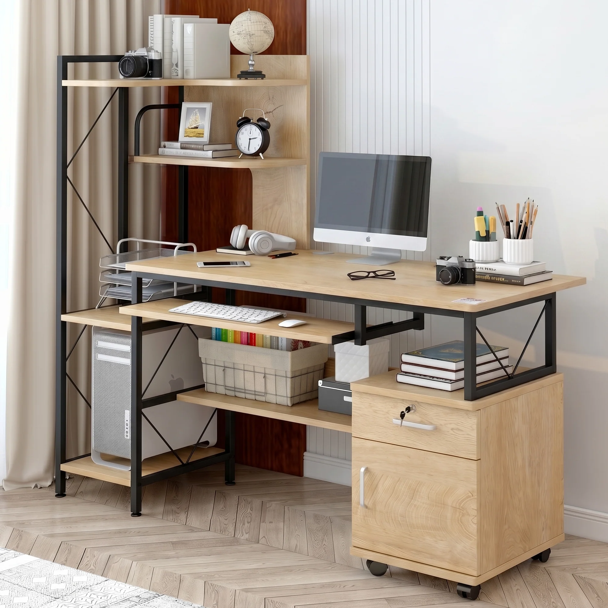 Prime Multi-function Computer Desk Workstation with Shelves & Cabinet (Coastal Oak) - Image 4