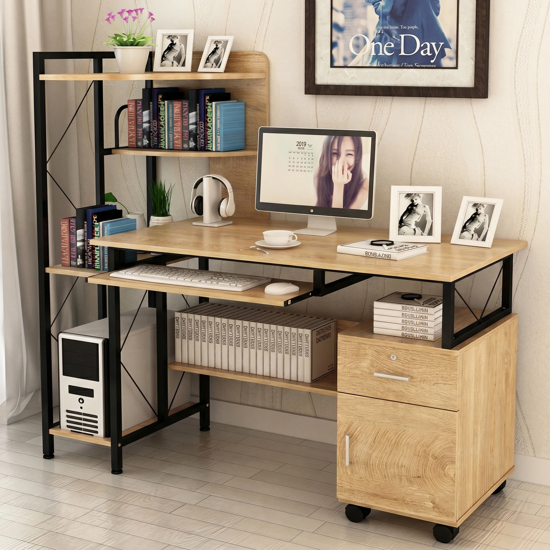 Prime Multi-function Computer Desk Workstation with Shelves & Cabinet (Coastal Oak) - Image 5