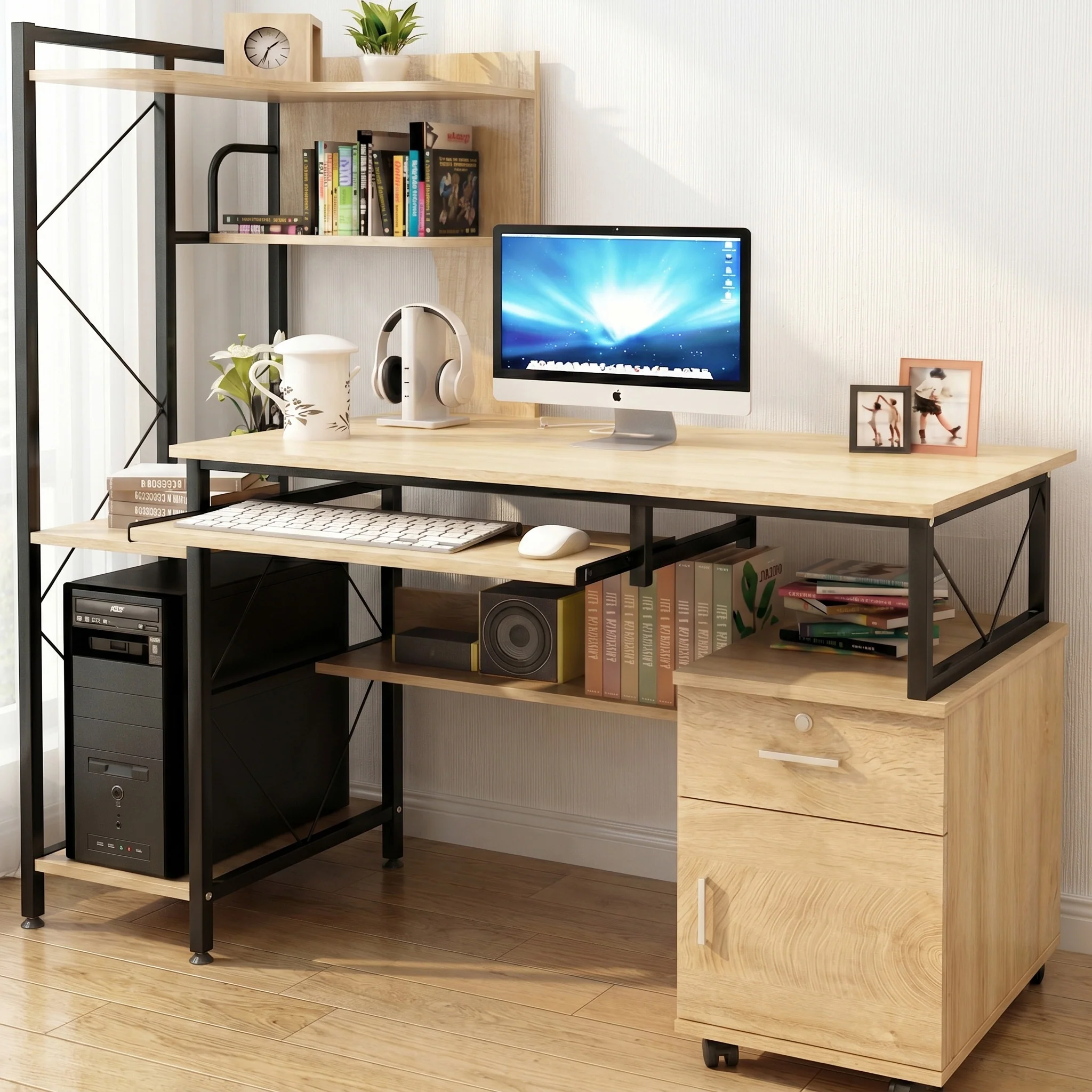 Prime Multi-function Computer Desk Workstation with Shelves & Cabinet (Coastal Oak) - Image 6