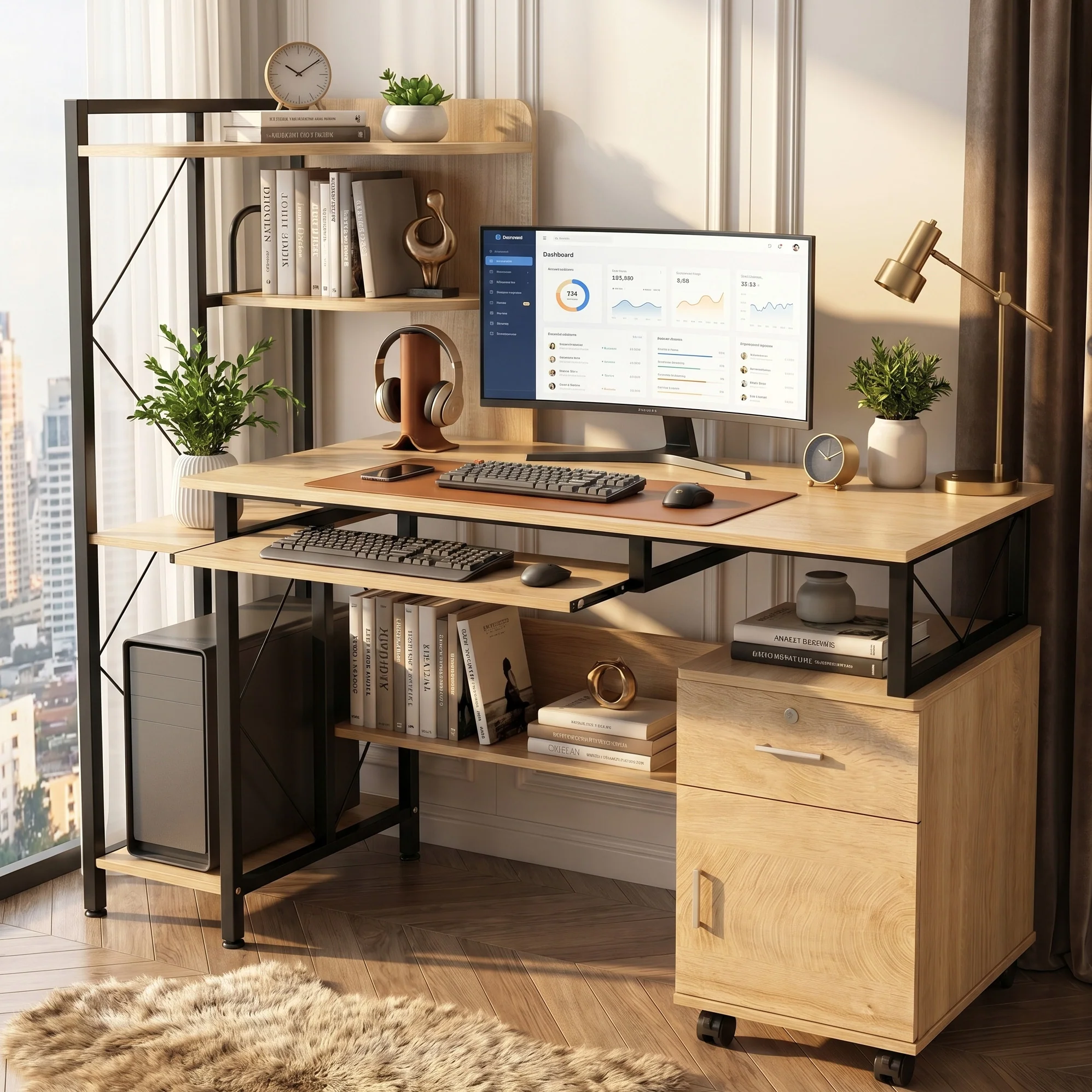Prime Multi-function Computer Desk Workstation with Shelves & Cabinet (Coastal Oak) - Image 8