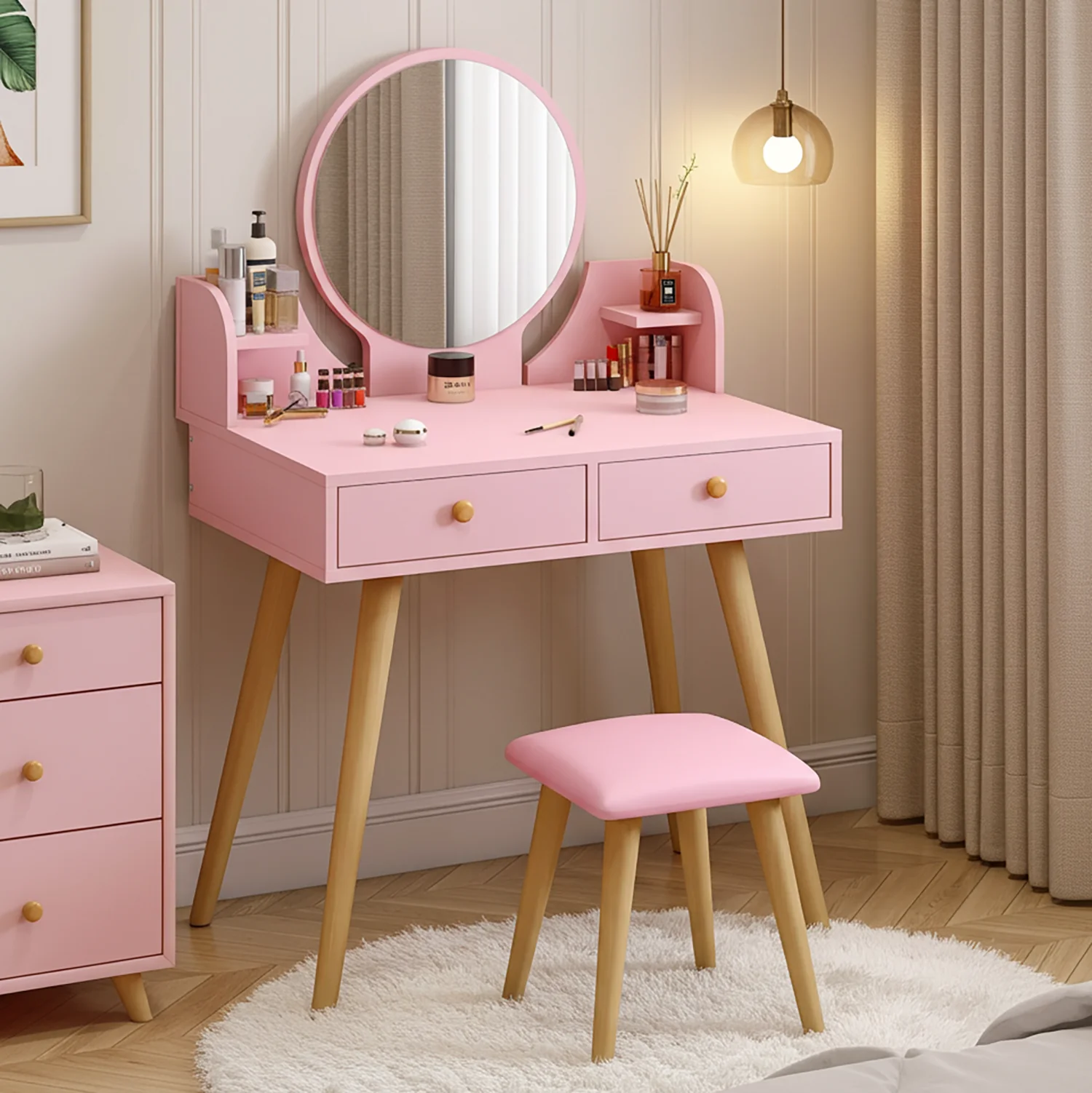 Princess Dresser Vanity Table with Mirror, Stool and Storage Drawers Set (Pink) - Image 6