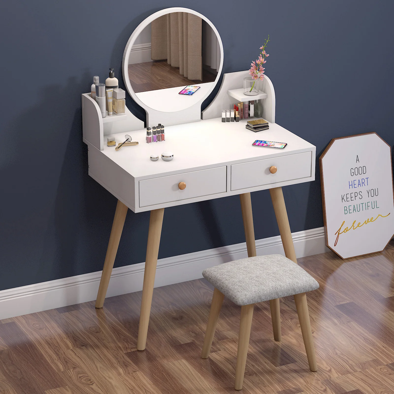 Princess Dresser Vanity Table with Mirror, Stool and Storage Drawers Set (White) - Image 8