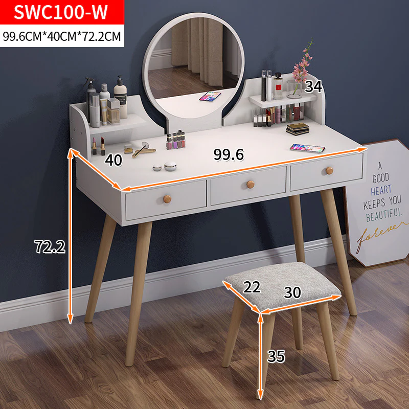 Queen Large Dresser Vanity Table with Mirror, Stool and Storage Drawers Set (White) - Image 2