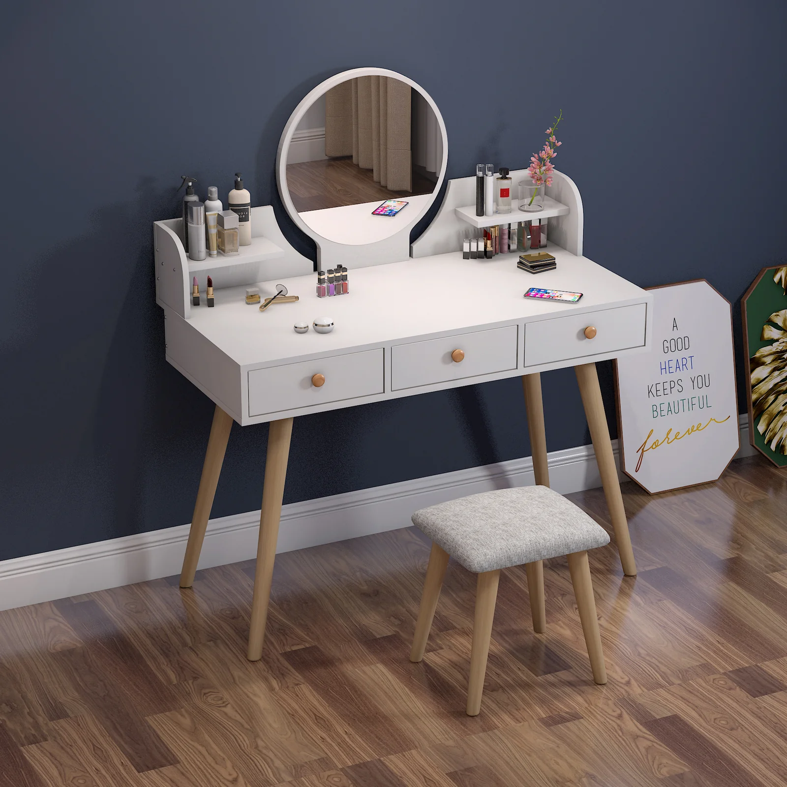 Queen Large Dresser Vanity Table with Mirror, Stool and Storage Drawers Set (White) - Image 4