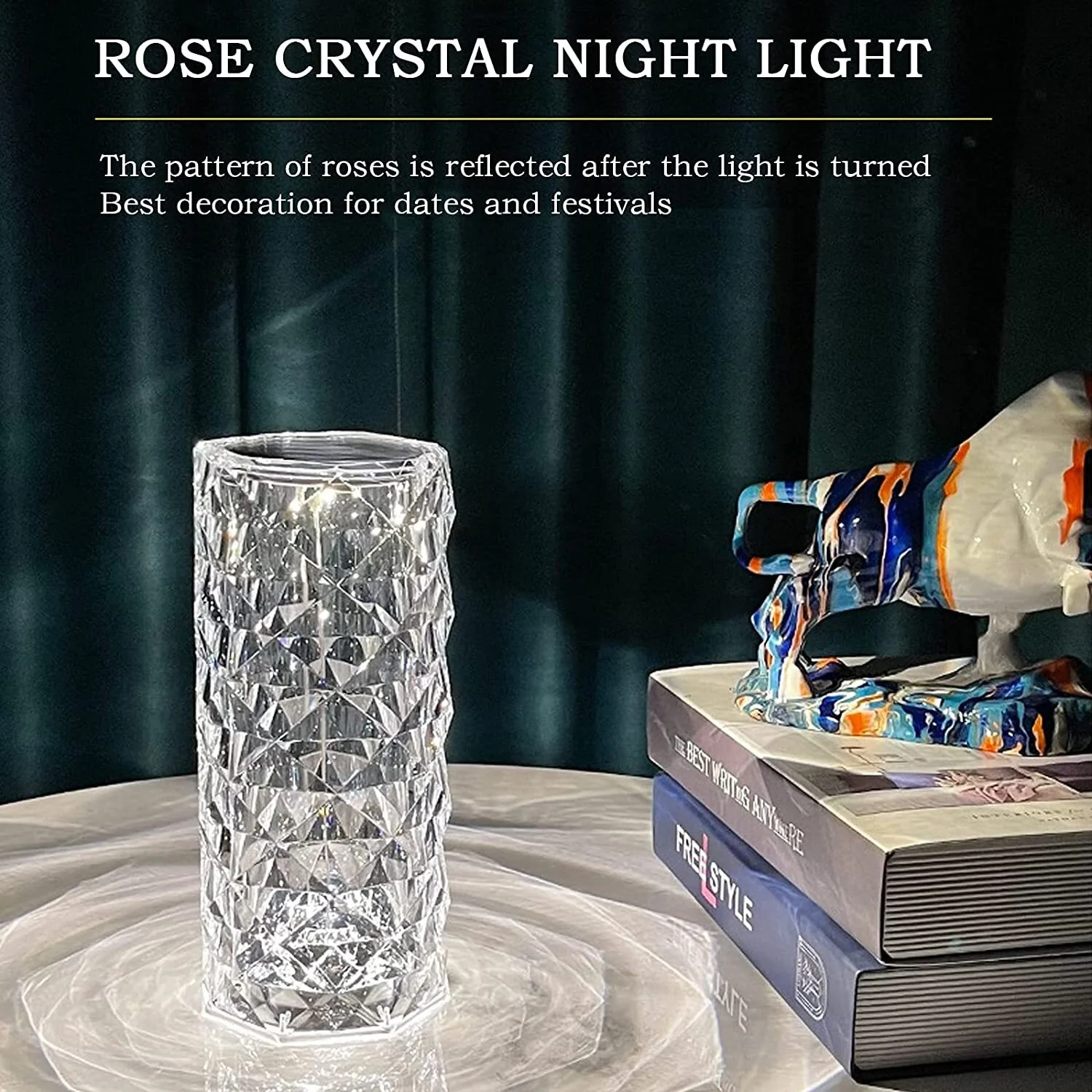 Rose Diamond Crystal LED Table Lamp Cordless Touch Sensor Night Light - Image 27