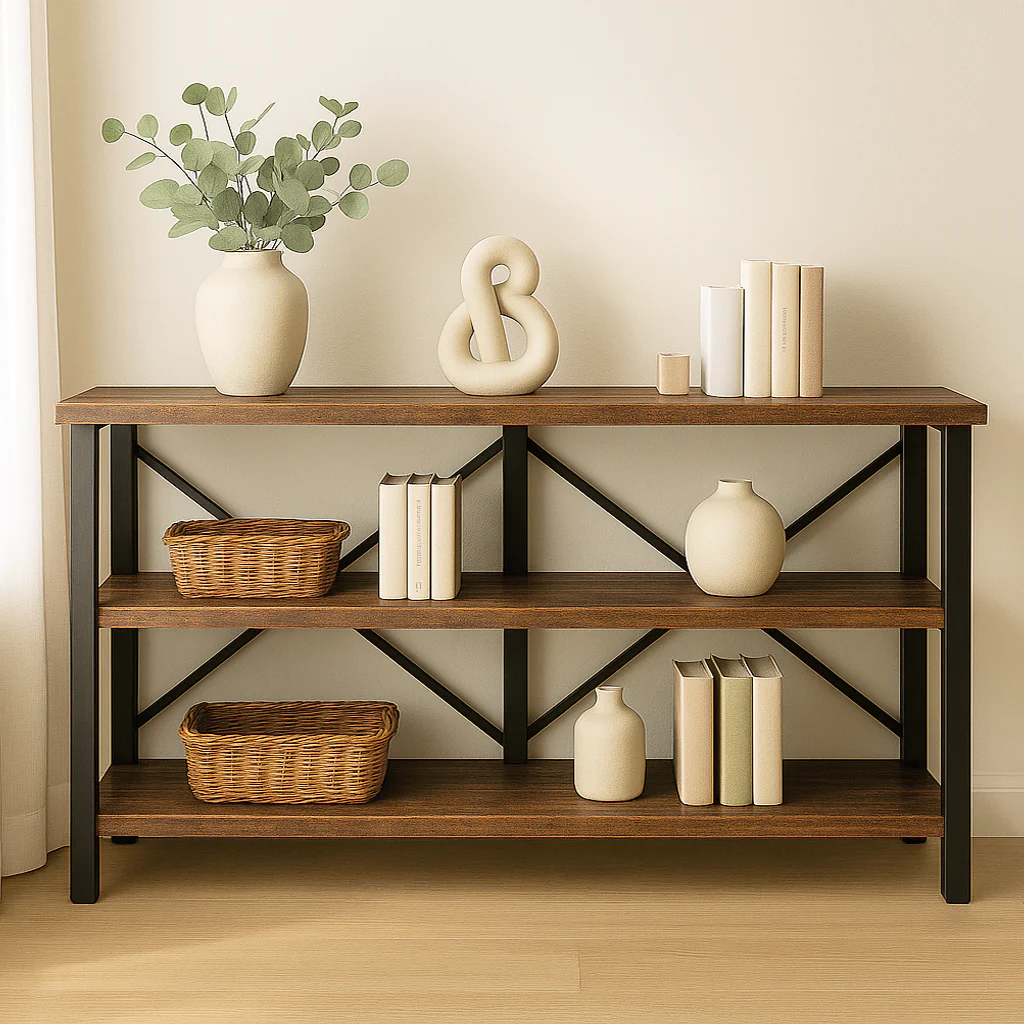 Serenity Rustic Industrial Console Table Bookcase TV Stand Storage Shelf Unit - Image 2