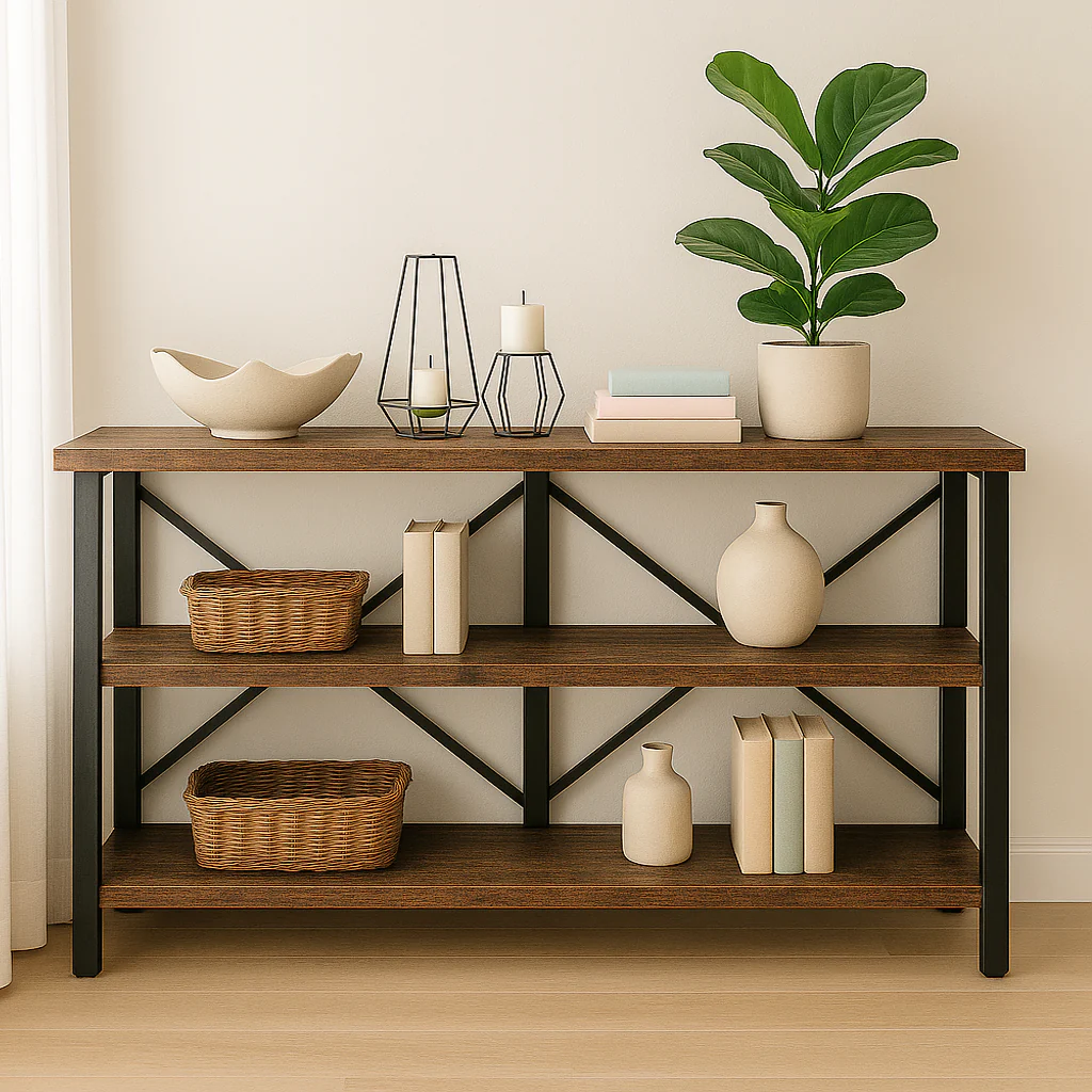 Serenity Rustic Industrial Console Table Bookcase TV Stand Storage Shelf Unit - Image 8