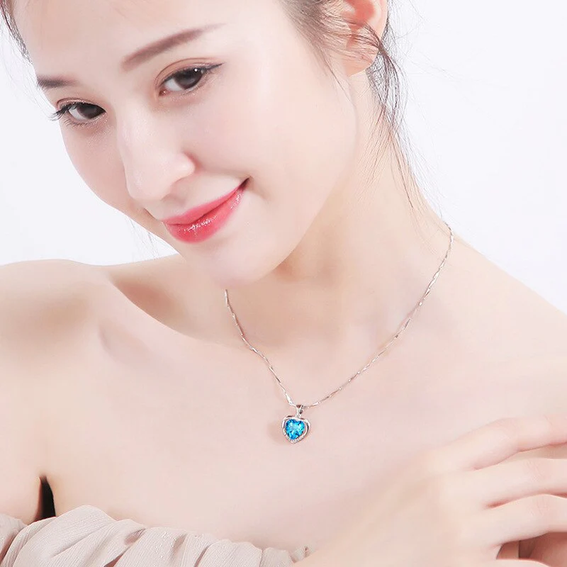 S925 Sterling Silver Eternal Heart Pendant CZ Diamond Necklace (Blue) - Image 10