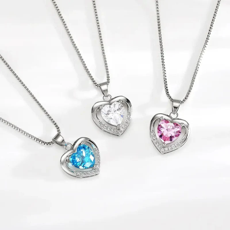 S925 Sterling Silver Eternal Heart Pendant CZ Diamond Necklace (Blue) - Image 11