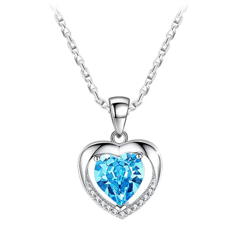 S925 Sterling Silver Eternal Heart Pendant CZ Diamond Necklace (Blue) - Image 13