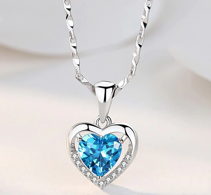 S925 Sterling Silver Eternal Heart Pendant CZ Diamond Necklace (Blue) - Image 2