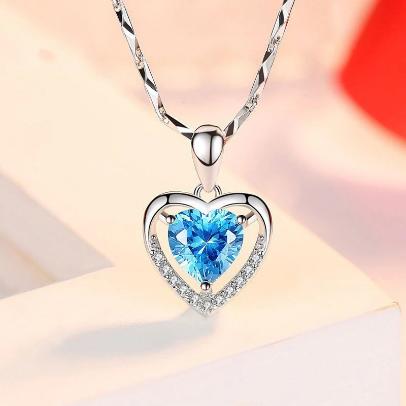 S925 Sterling Silver Eternal Heart Pendant CZ Diamond Necklace (Blue) - Image 5