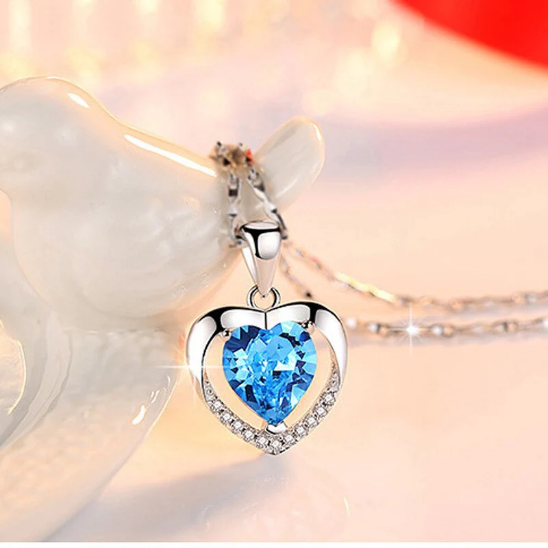 S925 Sterling Silver Eternal Heart Pendant CZ Diamond Necklace (Blue) - Image 7