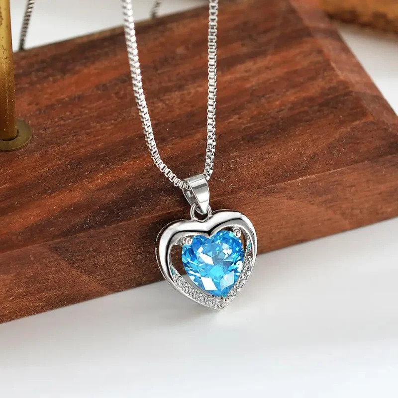 S925 Sterling Silver Eternal Heart Pendant CZ Diamond Necklace (Blue) - Image 8