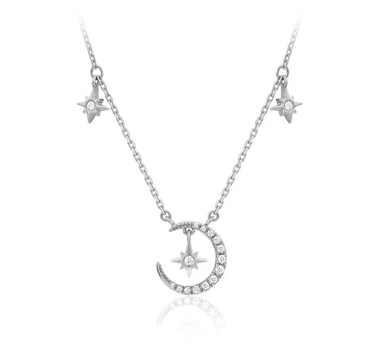 S925 Sterling Silver Moon & Stars CZ Diamond Pendant Necklace - Image 3