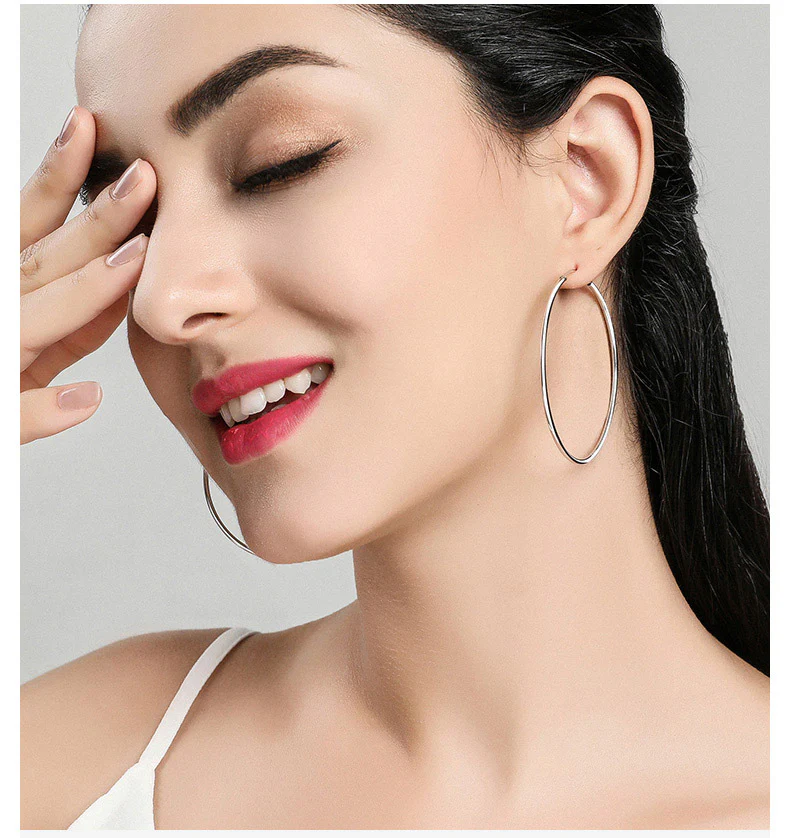 S925 Sterling Silver Polished Round Circle Large Hoop Earrings - Image 4
