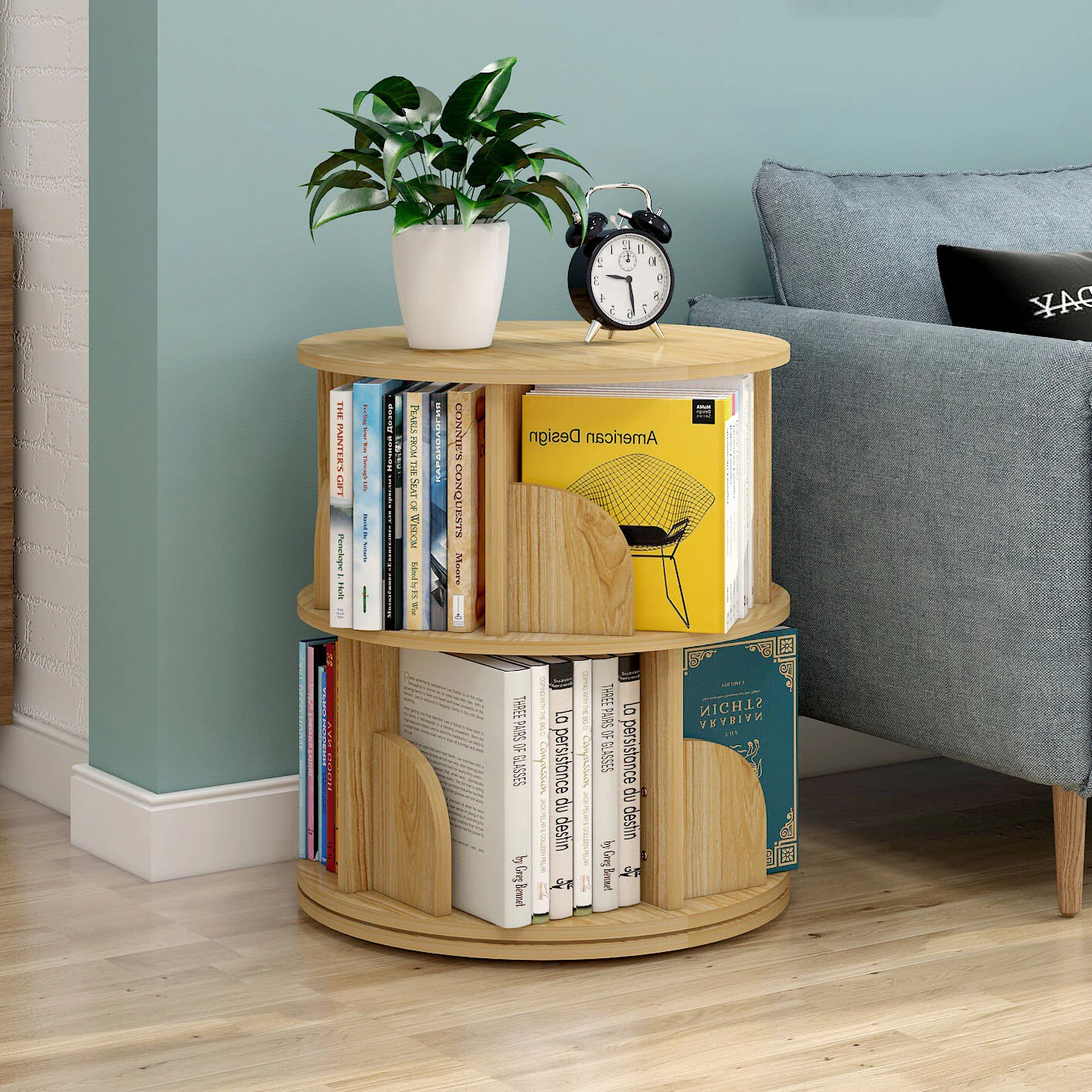 Sanctuary 360-degree Rotating 2 Tier Display Shelf Bookcase Organiser (Oak) - Image 2