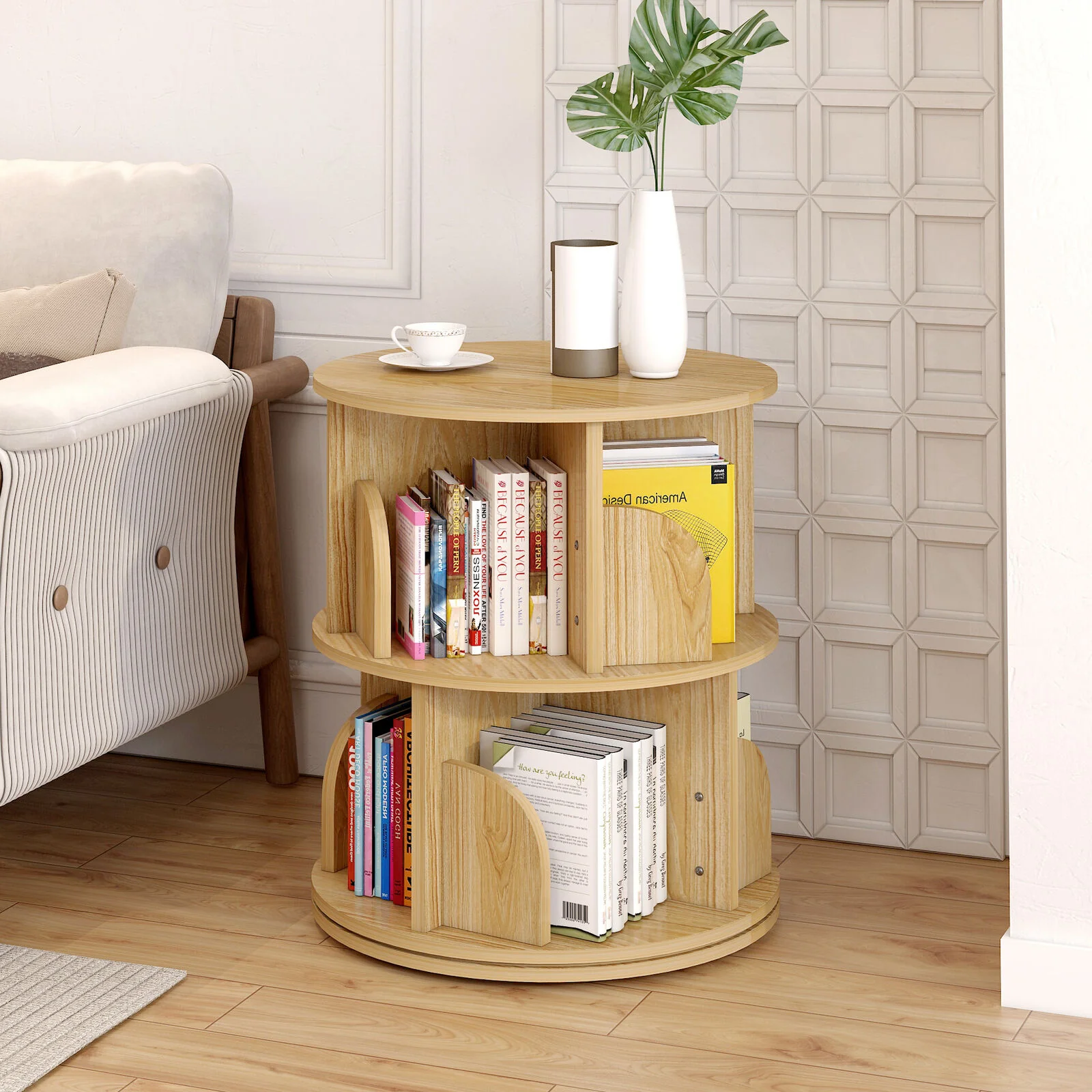 Sanctuary 360-degree Rotating 2 Tier Display Shelf Bookcase Organiser (Oak) - Image 4