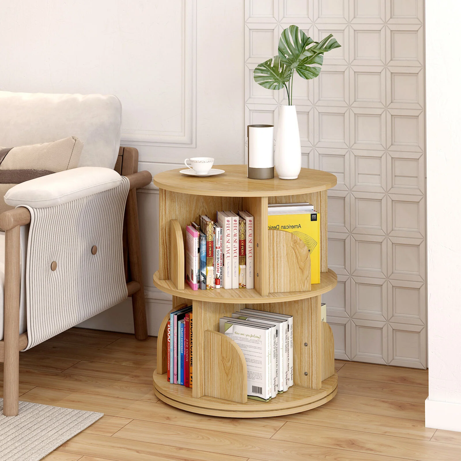 Sanctuary 360-degree Rotating 2 Tier Display Shelf Bookcase Organiser (Oak) - Image 7
