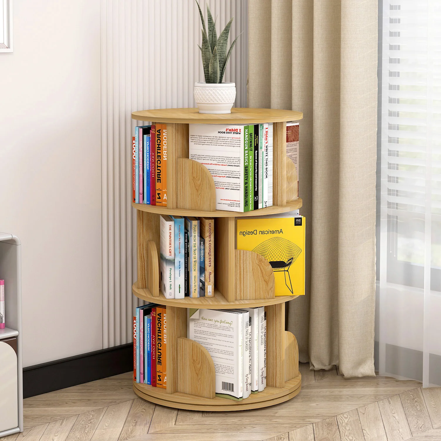 Sanctuary 360-degree Rotating 3 Tier Display Shelf Bookcase Organiser (Oak) - Image 3